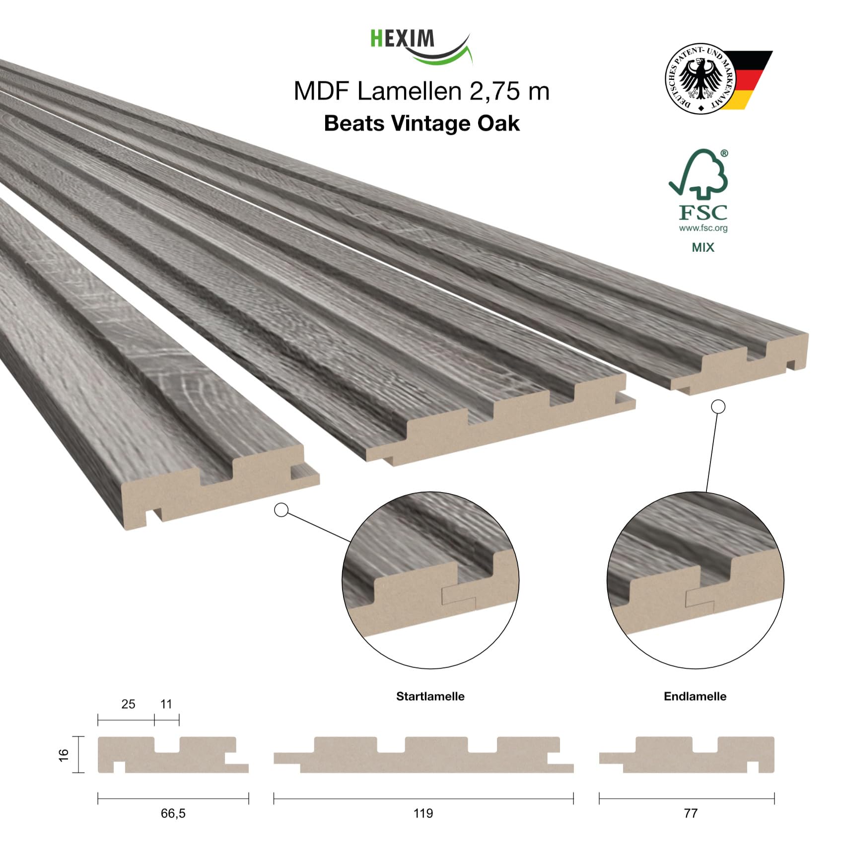 BEATS Lamellen 2,75m HEXIM - MDF Holz Lamellenwand Wandpaneele Lamellenverkleidung Wandverkleidung Lamellenpaneele Holzpaneele Natur (8 Paneele & Zubehör, Beats Standard Vintage Oak)