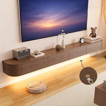 Solid Wood Modern Floating TV Stand with LED Lighting | Wall-Mounted Entertainment Console with Flip-Top Doors | TV Bench for Living Room & Office Brown, 78.7