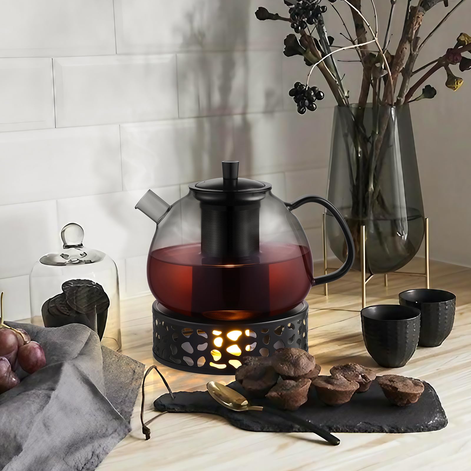 ecooe Teiera in vetro borosilicato nero da 1500 ml con filtro rimovibile in acciaio inox 18/8, resistente al calore, per tè nero, tè verde, tè alla frutta, tè profumato