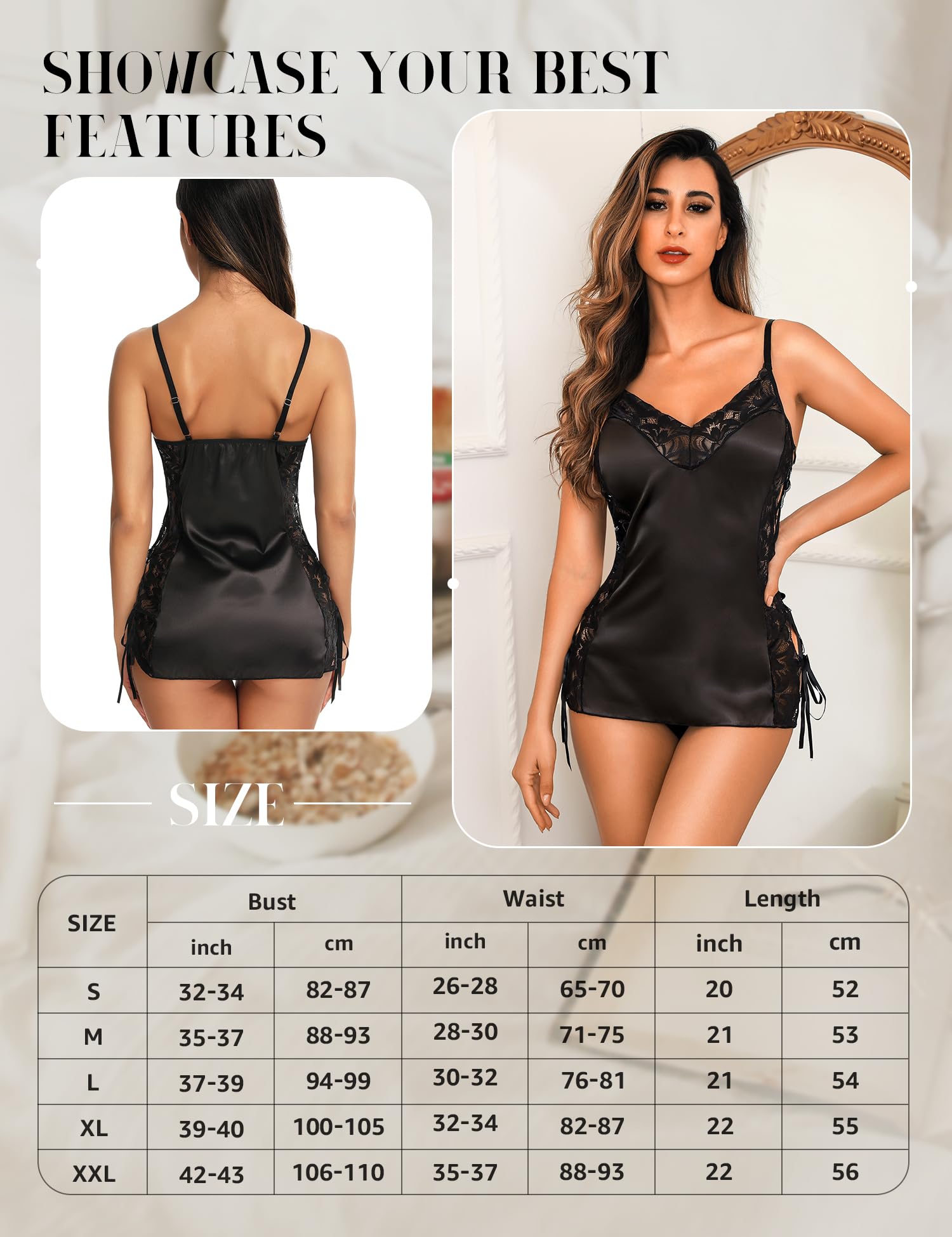 RSLOVE Lingerie Sexy Nuisette Femme - Chemise de Nuit en Satin