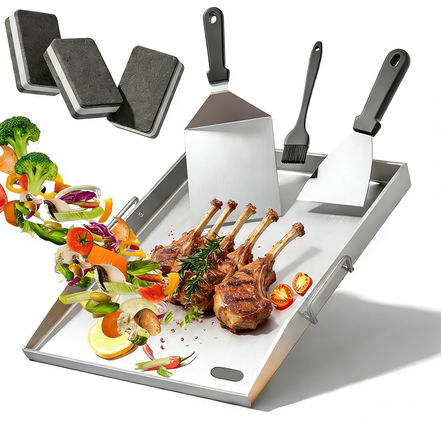 Grillplatte 40x30cm aus Edelstahl 304 mit Grillspachtel Set | Robuste 4mm Edelstahlplatte für Grill, Feuerstelle und Herd.Inklusive praktischem Zubehör für vielseitige Nutzung