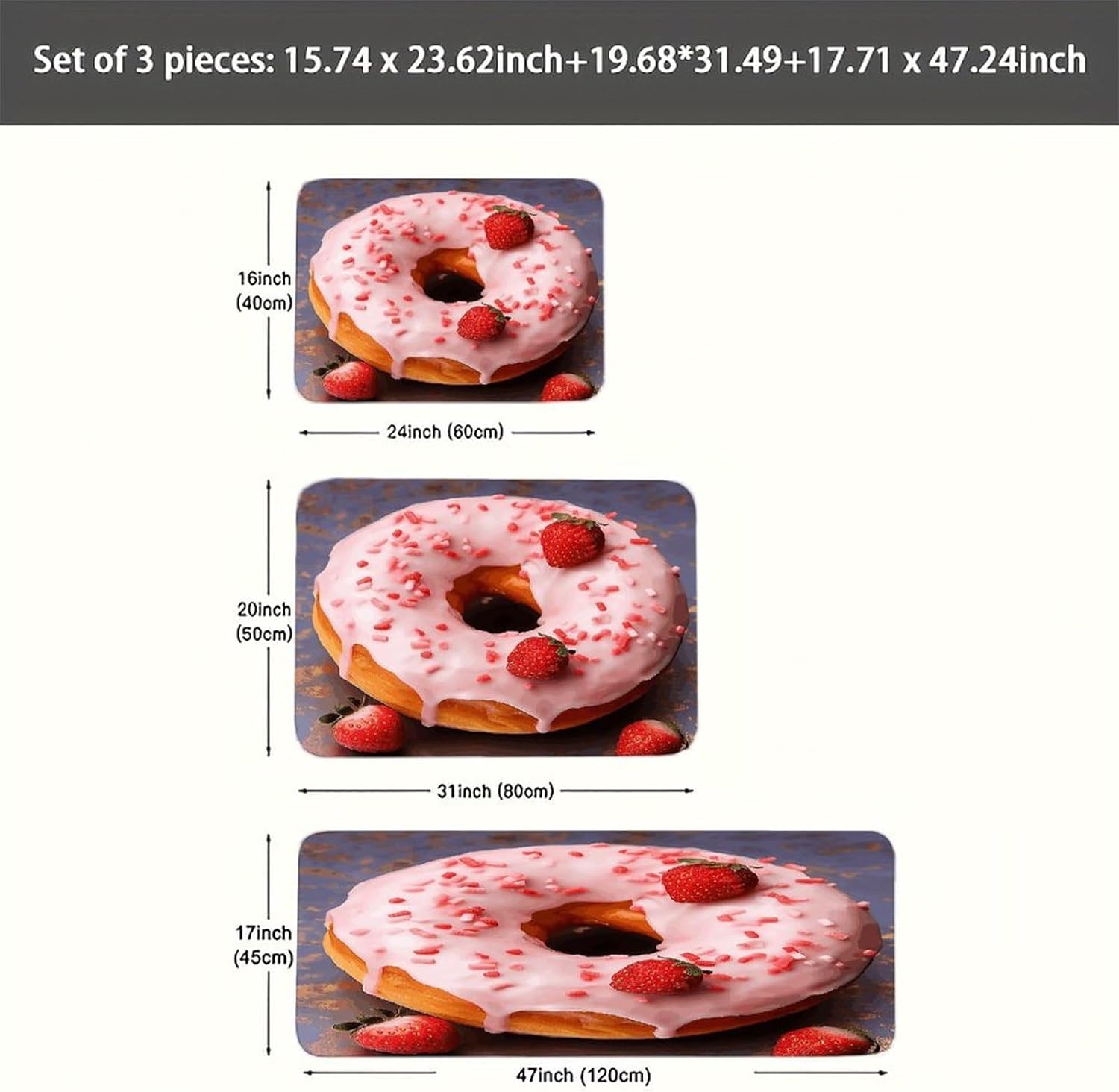 Strawberry Donut Kitchen Rugs Sets of 3 Washable Non Slip Kitchen Rug Water Resistant Carpet Piece Anti Fatigue Kitchen Mats Soft Comfort Standing Mat Modern Area Rug