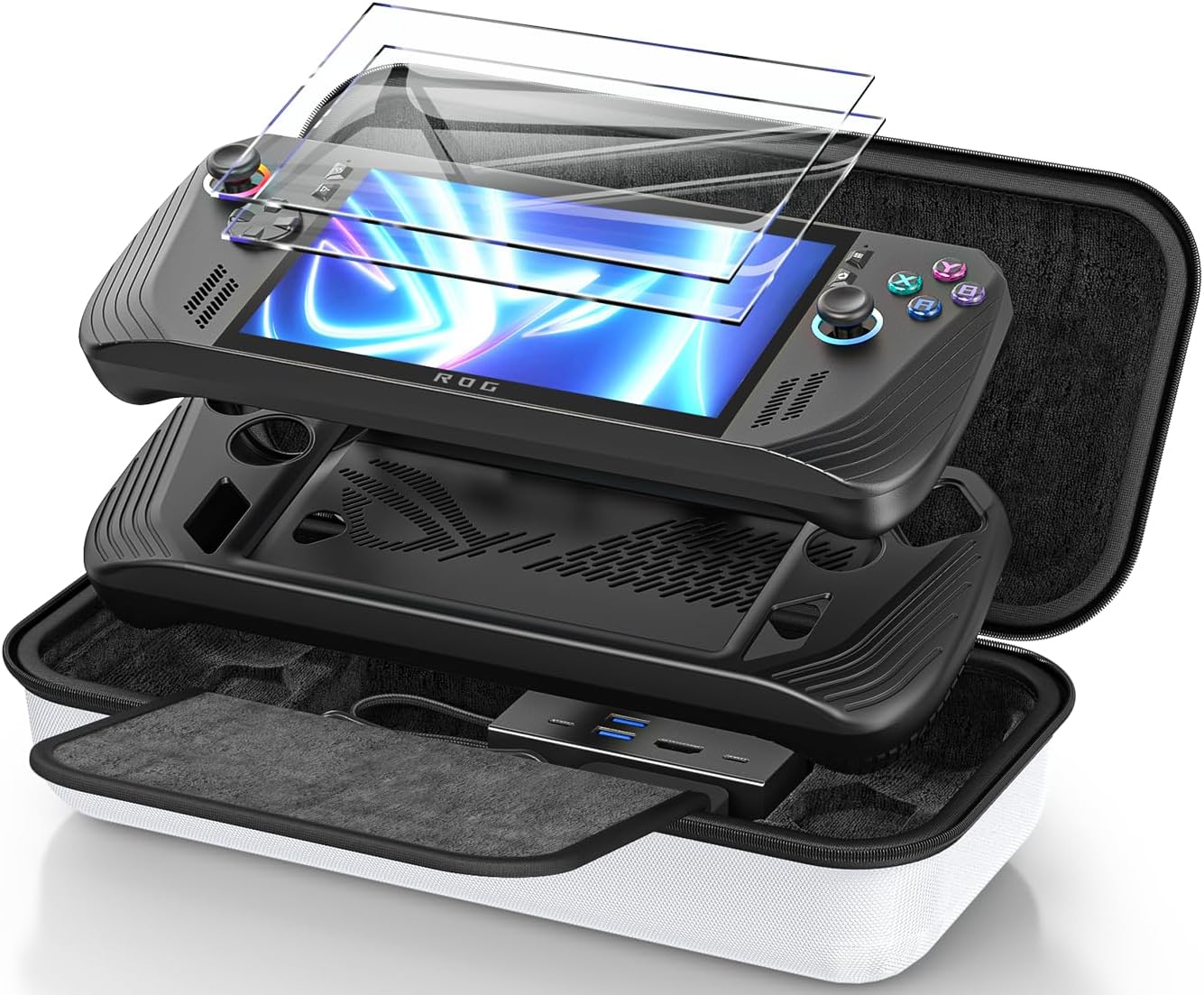 Carrying Case 3 in 1 Accessories Set Compatible with ROG Ally X 2024 (Not for Xbox), included EVA Carrying Case, Soft Silicone Protective Cover und 2 Pack Screen Protector - White