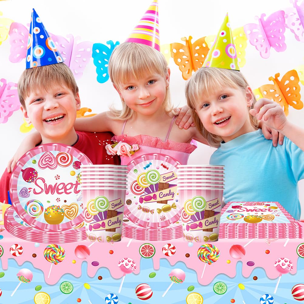 Set di Stoviglie per Feste 51 Pezzi Set di Posate per Piatti Caramelle Party Piatti Tovaglioli Tovaglia Decorazione per Feste di Compleanno per Bambini Compleanno Caramelle Decorazione a Tema