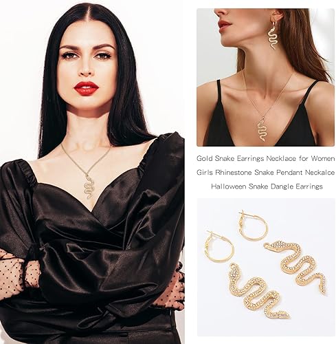 Miniatura 3 de YANCHUN Aretes de serpiente dorados, collar para mujeres y niñas, collar con colgante de serpiente de diamantes de imitación, aretes colgantes