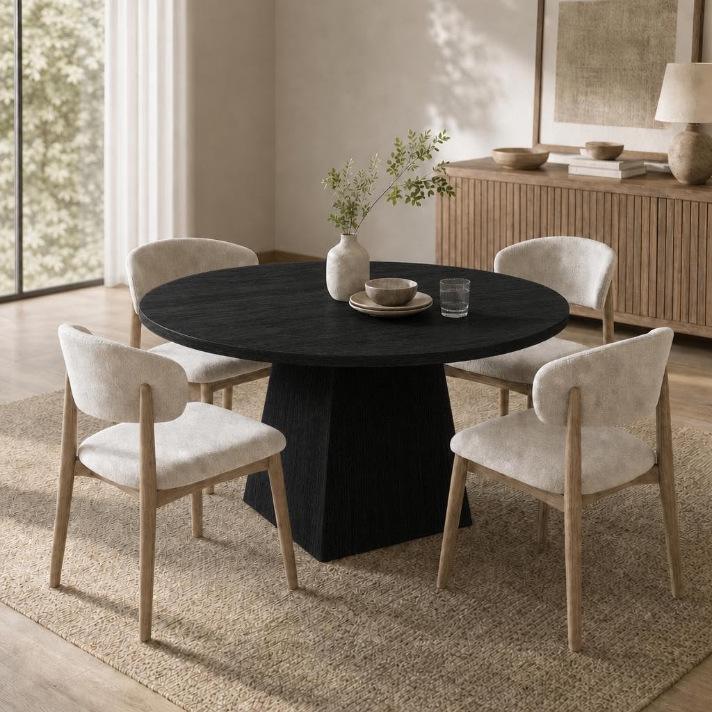 GarveeHome Table à Manger Ronde 47" pour 4-6 pers, Plateau épais 1,18", Base carrée Stable, Style Moderne Farmhouse, idéale Petits espaces - Noir gaufré
