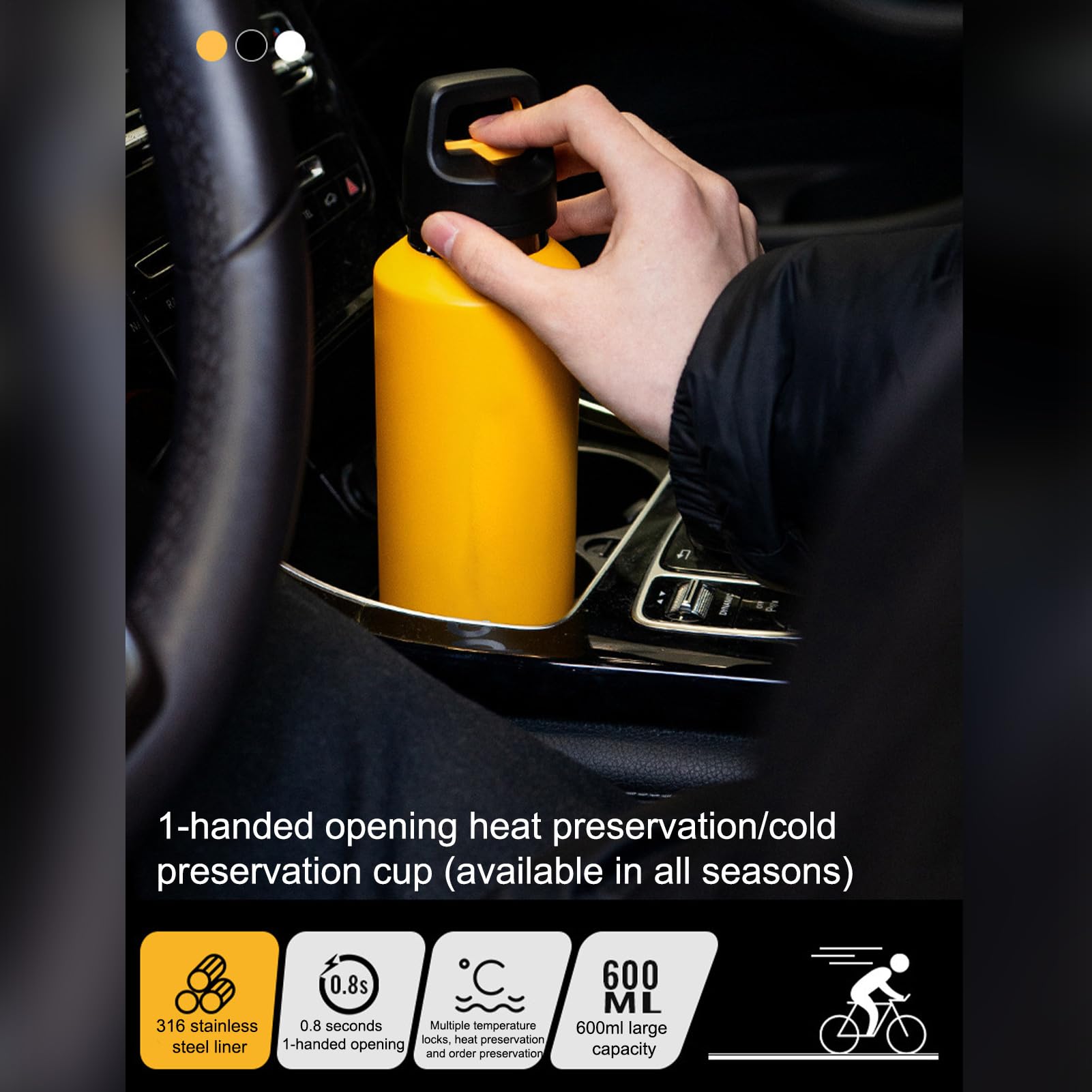 Borraccia in Metallo 600ml Acciaio Inossidabile con Apertura Facile | Borraccia Termica Isolata per Bevande per Sport Viaggio Ciclismo Escursionismo Ufficio Casa Palestra Tè Caffè Latte
