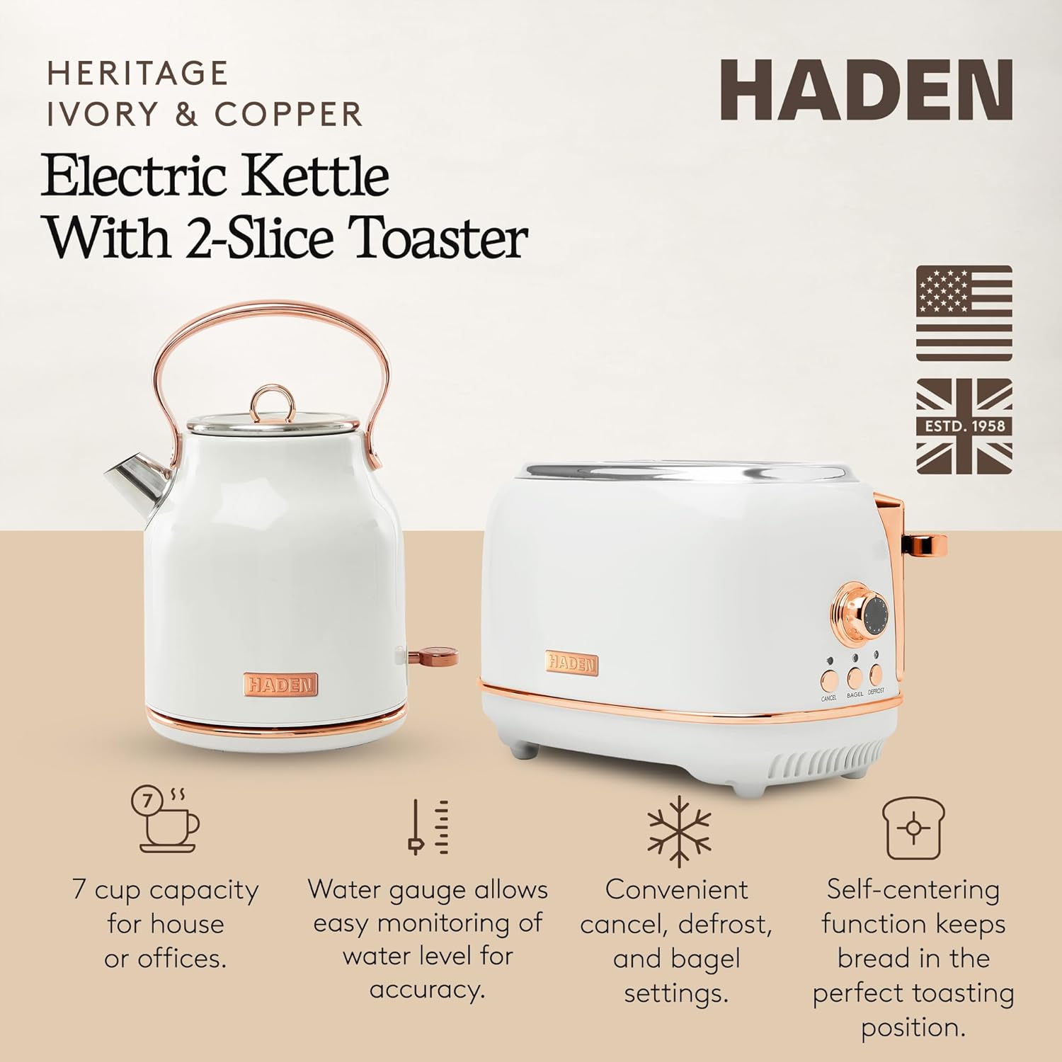 Haden Heritage 2 Slice Wide Slot Stainless Steel Toaster Bundled with 1.7 Liter Stainless Steel Electric Water Kettle, Ivory & Copper