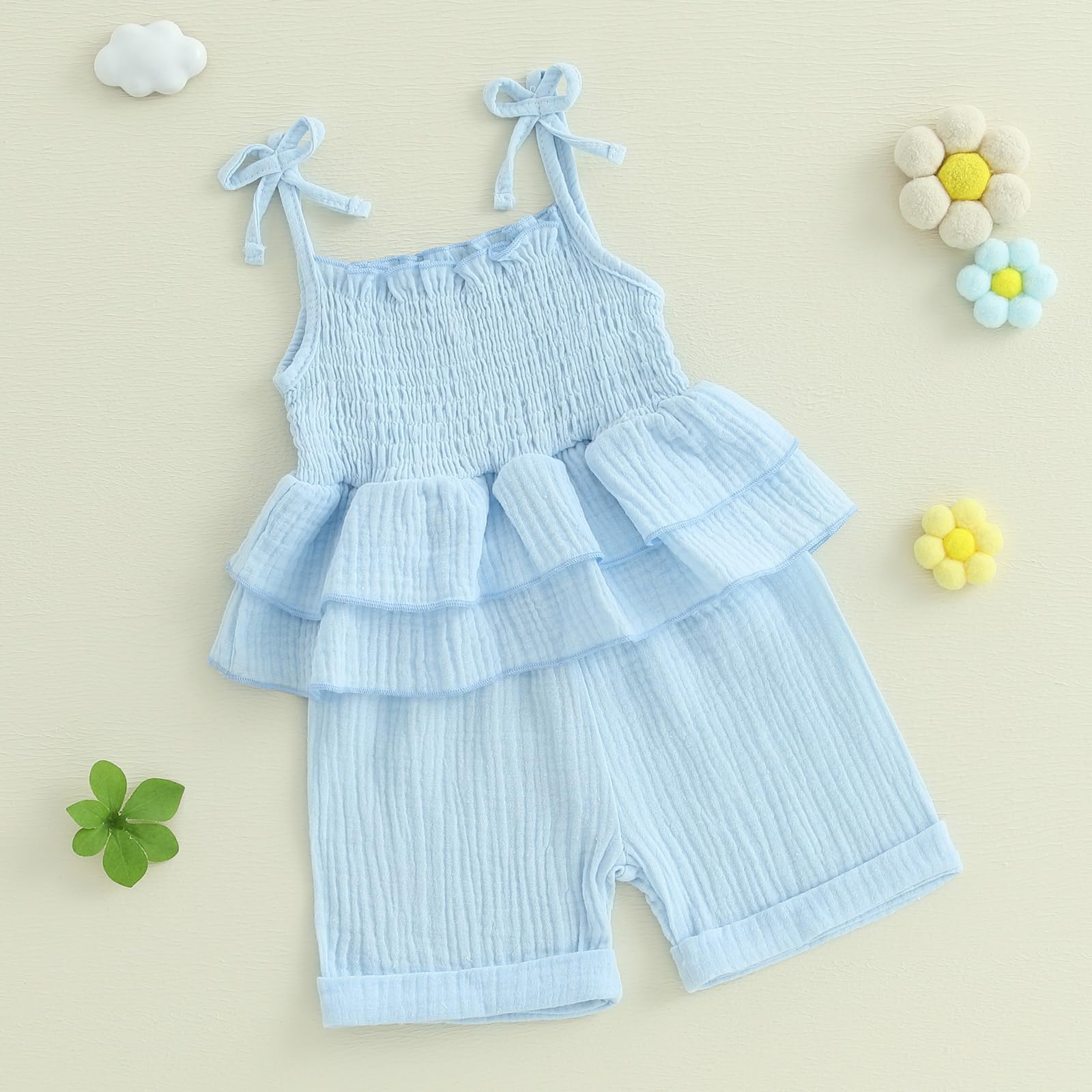 Youweixiong Toddler Baby Girl Cotton Linen Outfit Plain Color Sleeveless Smocked Ruffle Cami Tops Elastic Waist Shorts Set Summer Clothes (Blue, 12-18 Months)