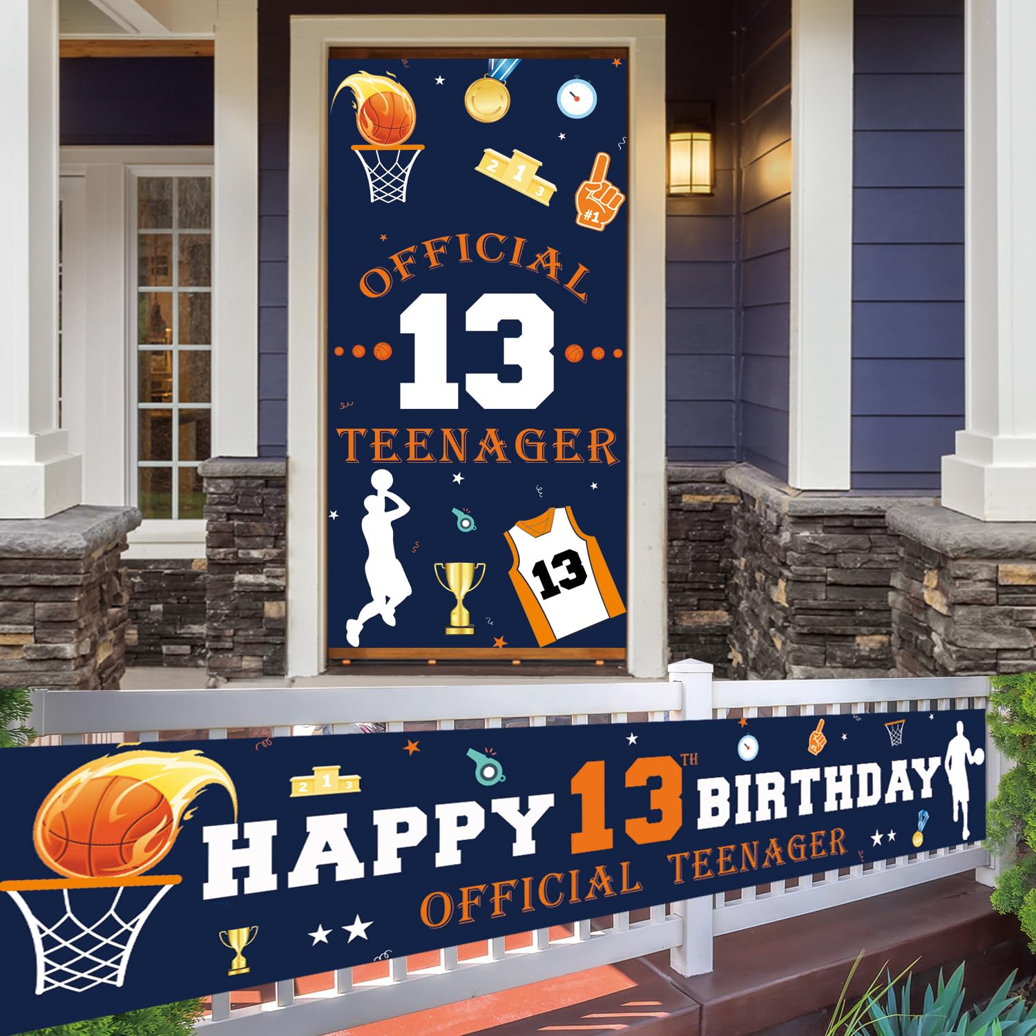 Tagoofely Basketball Official Teenager 13th Birthday Door Banner Decorations, Happy 13th Birthday Yard Sign Banner, Large Happy Birthday Banner for