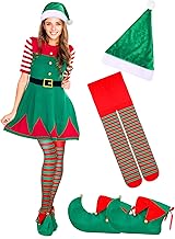 Christmas Elf Shoes Hat Striped Stockings Accessories 3 Pieces Christmas Elf Costume Set for Women Xmas Gift for Adults Green and Red Striped Tights for Cosplay Party Supply Decor, Dress Not Included