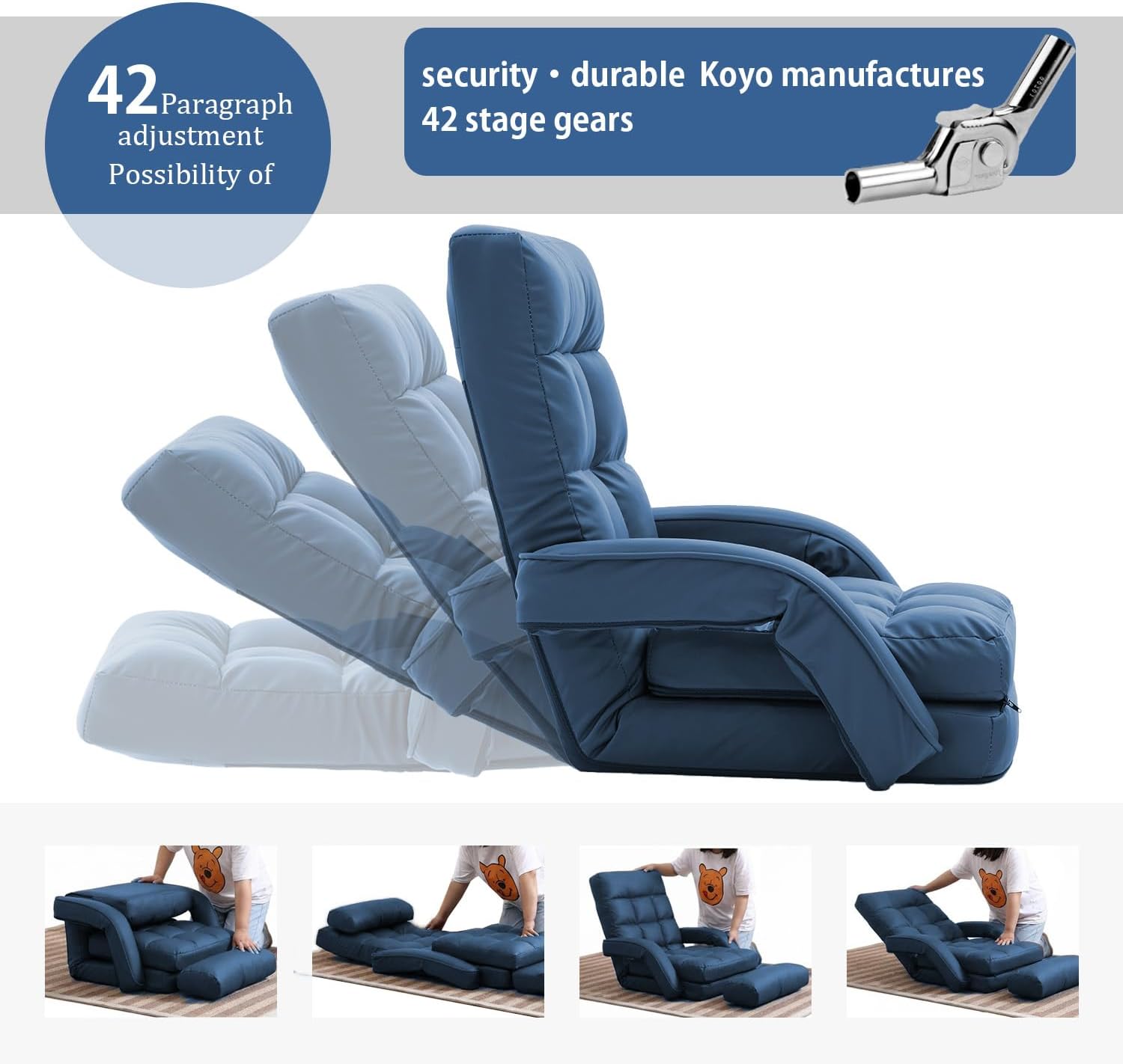 FLOGUOR 14-Position Adjustable Floor Chair, Chaise Lounge Indoor, Folding Lazy Sofa with Armrests and a Pillow Padded Adults Gaming Chairs for Living Room, Bedroom Factory Price,8803 (Blue（PU）)