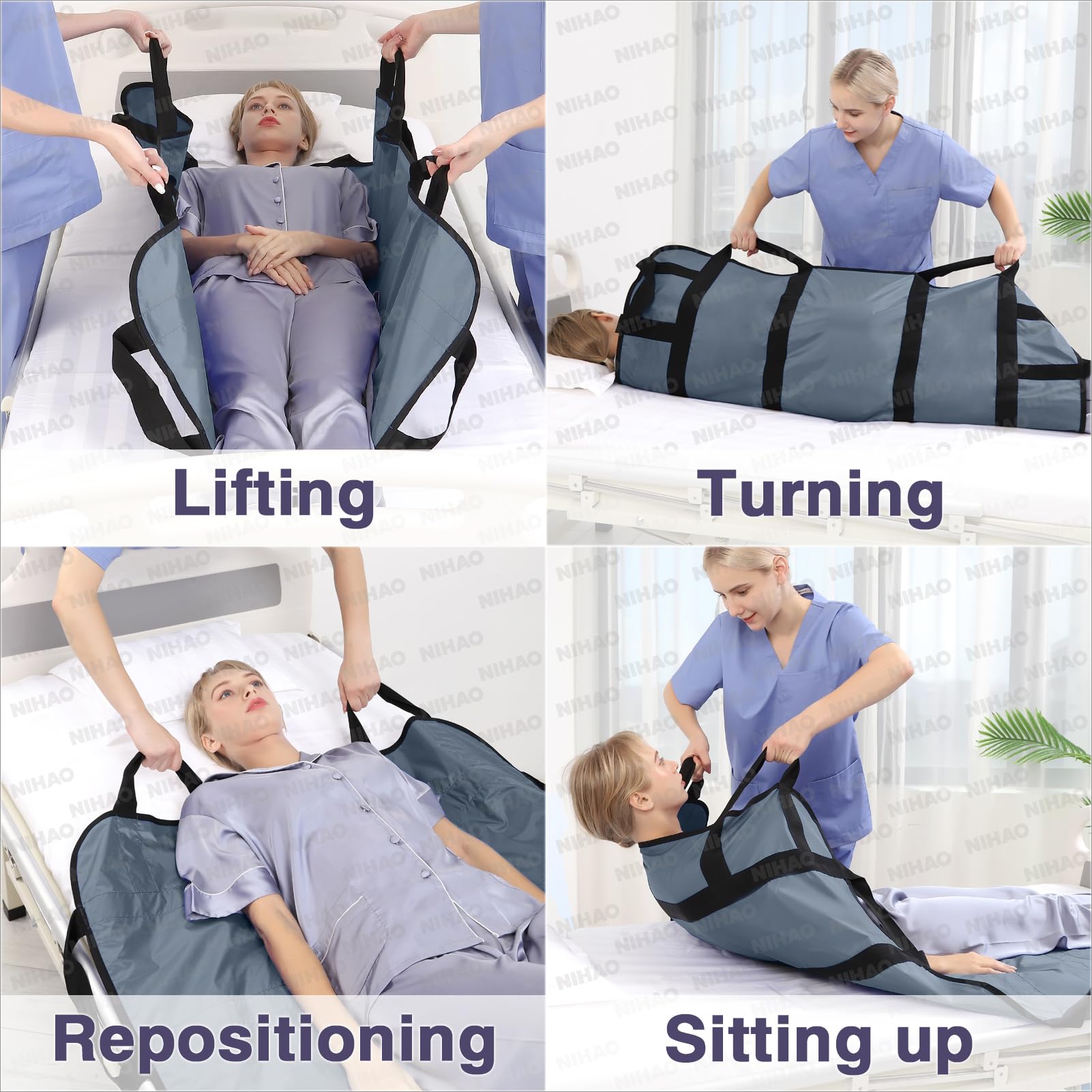 NIHAO Almohadilla de cama de posicionamiento multiusos con asas reforzadas de 48 x 40 pulgadas, sábana de transferencia de cama para pacientes, alfombrilla de elevación para giro, reposicionamiento,