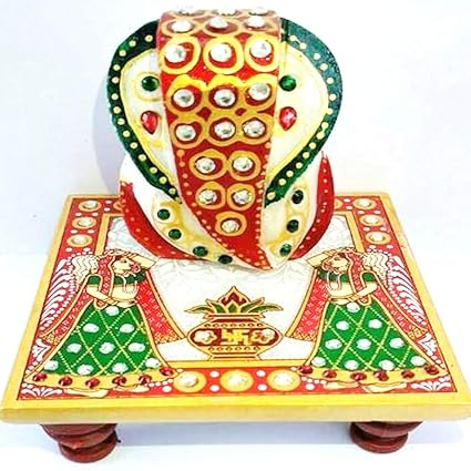 Hardik Handicraft: Lord Ganesh Marble Pooja Chowki Meenakari Work with Kalash Angel Painted