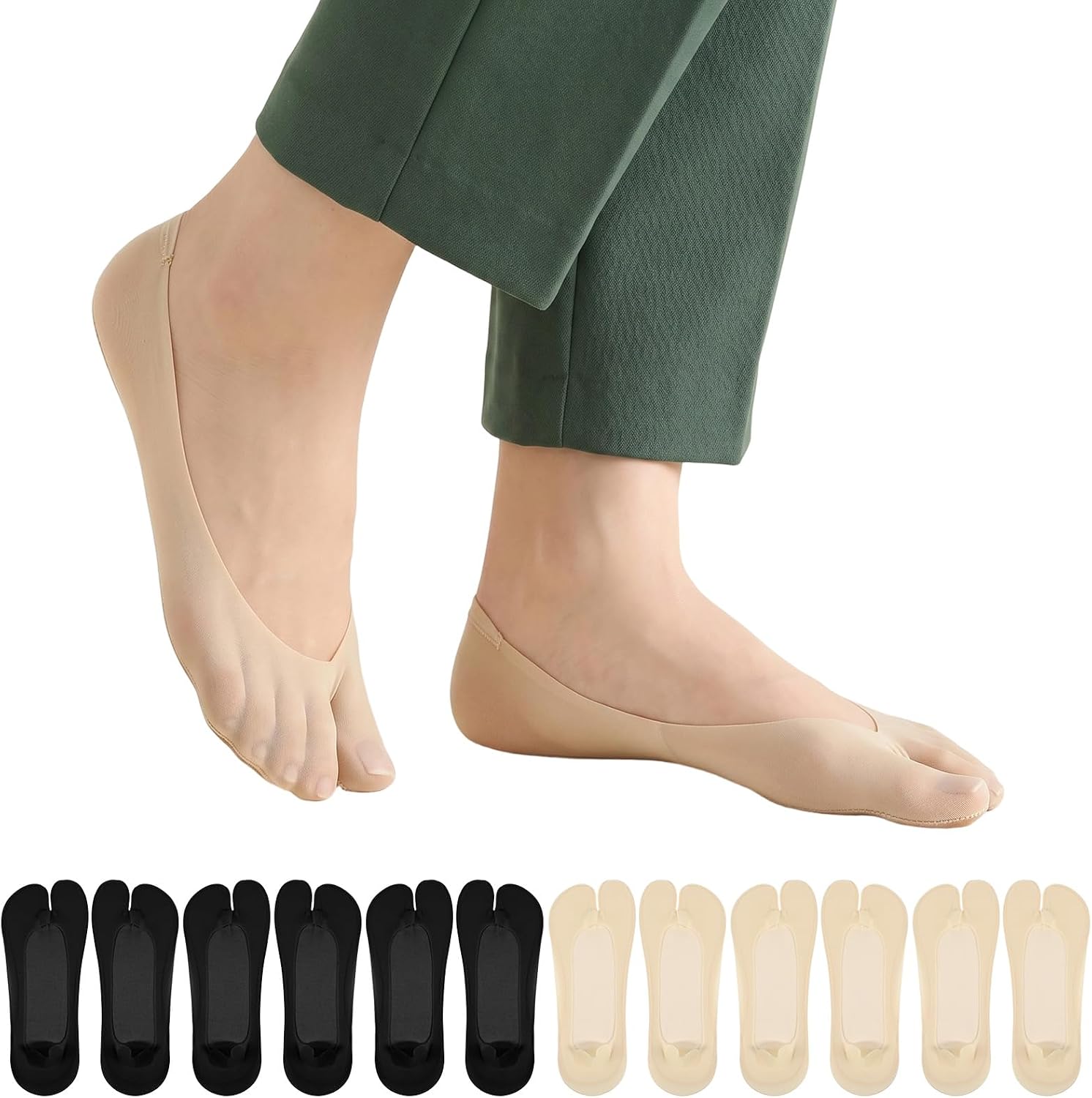 Andibro 6 Pairs No Show Tabi Socks for Women, Split Toe Non-Slip Flip Flop Socks Japanese Toes Separated Sock for Flip-Flop for Sneakers Loafers Sandals 5-9