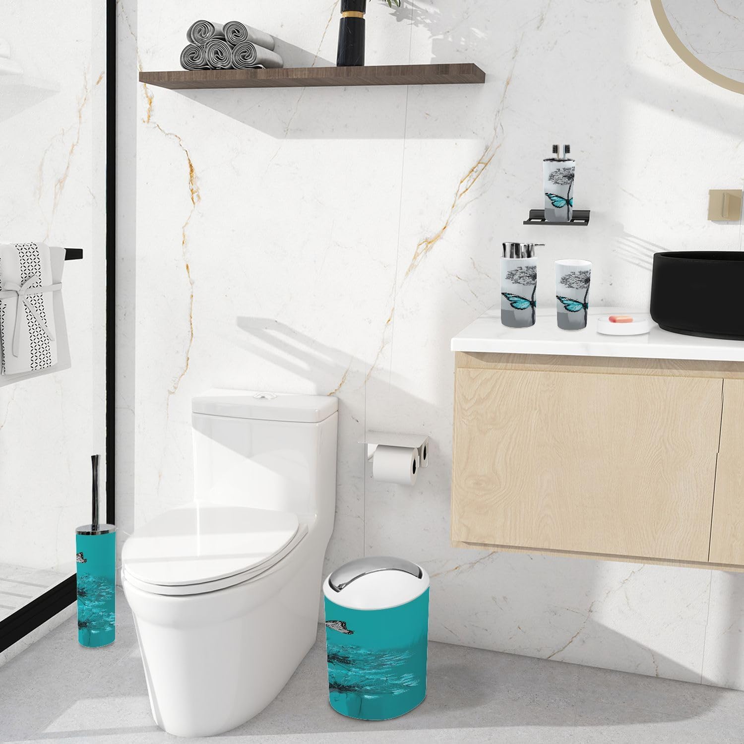 Bathroom Accessory Set 6 Piece Teal Dandelion Modern Teal Grey Aesthetic Butterfly Blue Accent Trash can, Toothbrush Holder, Toothbrush Cup, Soap Dispenser, Soap Dish, Toilet Brush Holder