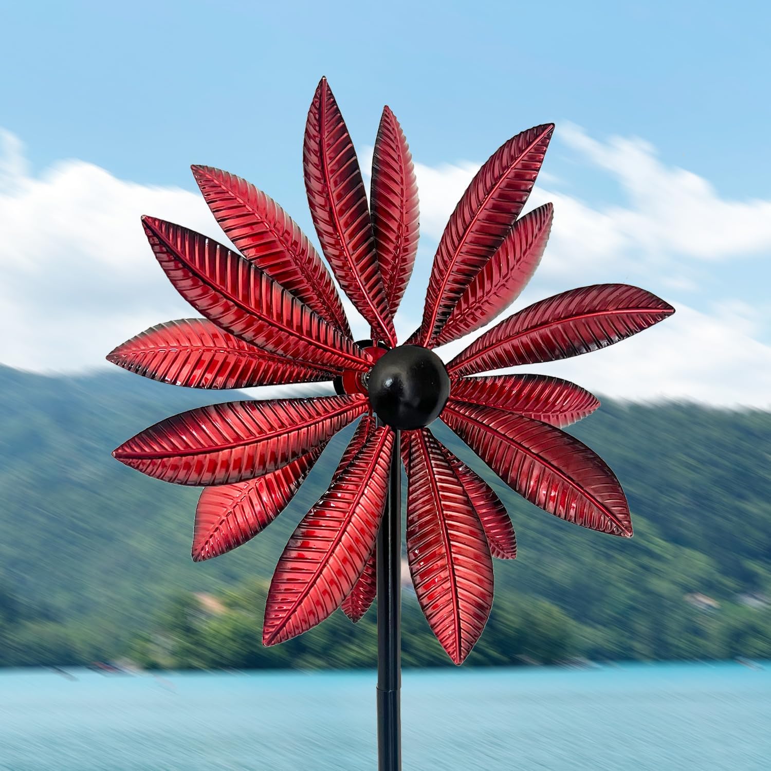Wind Spinners Outdoor Metal, Double-Sided 360° Kinetic Wind Spinner with Stake, Metal Garden Yard Windmill Decor (13.4" Dia, 57" H) (Red Leaf)
