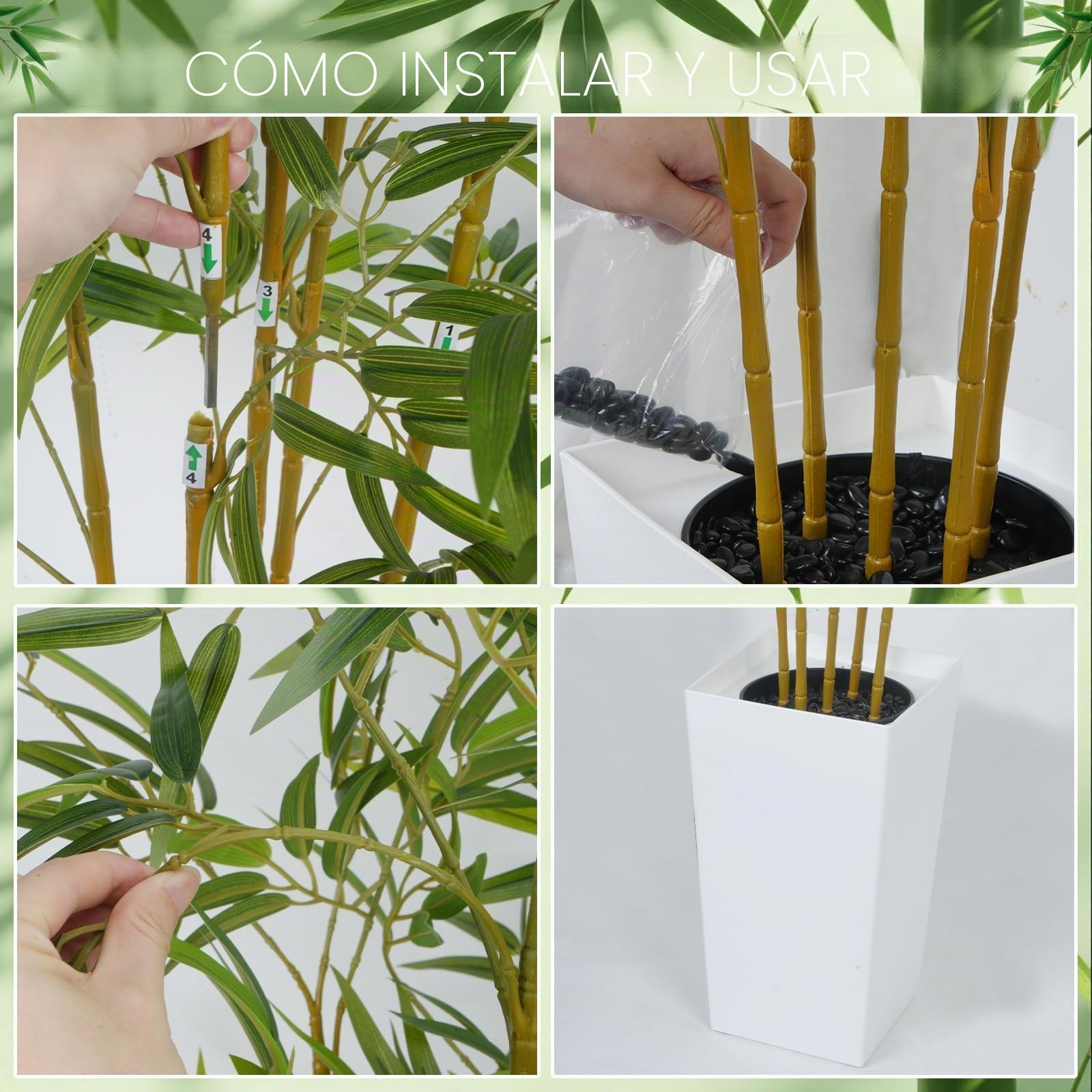 Bambu Artificial 180 cm Plantas Artificiales Grandes Arbol Artificial Interior con Madera Blanca Árboles di Bambú Artificial Exterior para Decoración Oficina Dormitorio Hogar Jardín Balcón