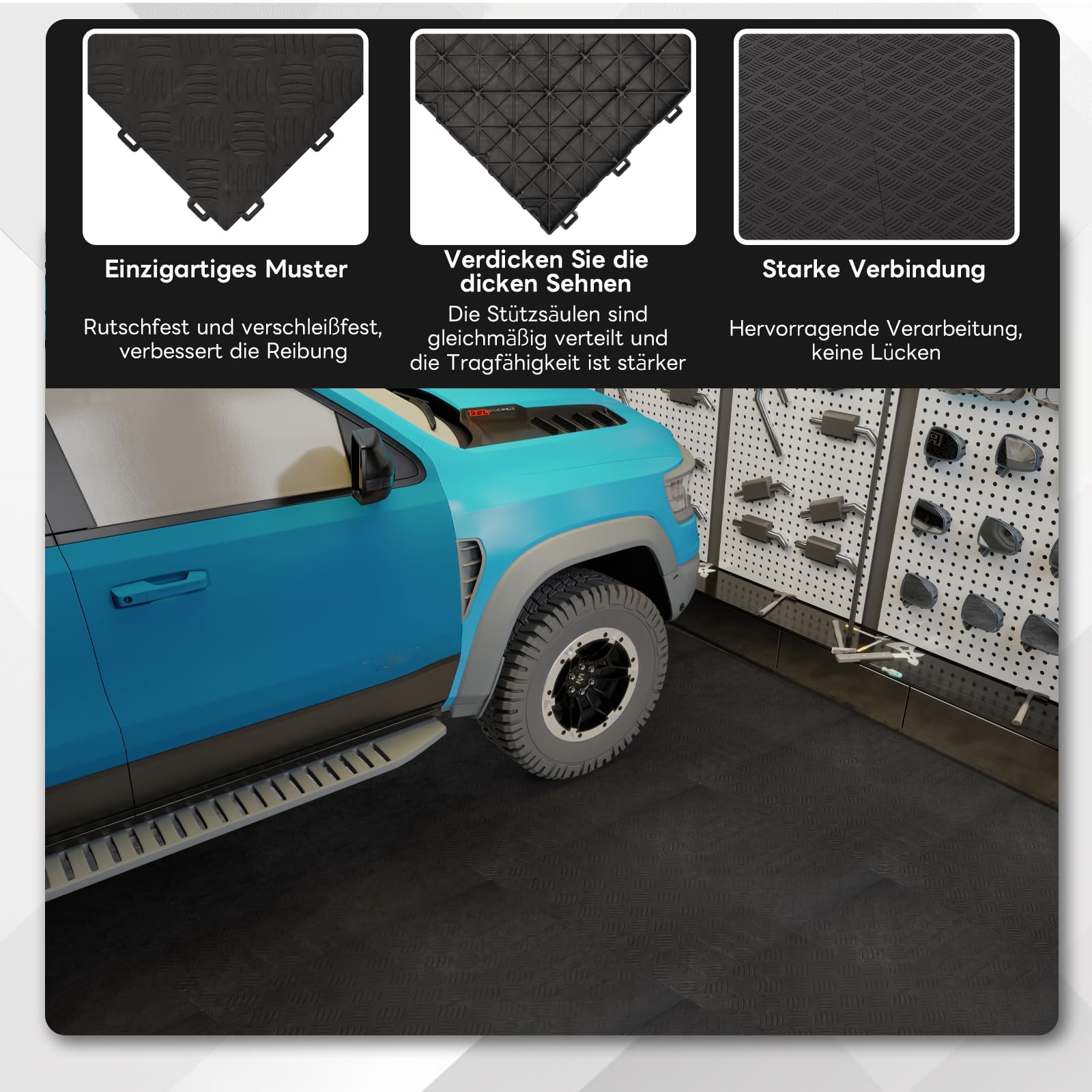 uyoyous 20 Stück PVC Garagenboden, 40x40cm Ineinandergreifende Garagenbodenfliesen, 18mm Dicke rutschfeste Bodenbelagsfliesen, Strapazierfähiges Garagenbodenbelag (20, Schwarz, 40 * 40 cm)
