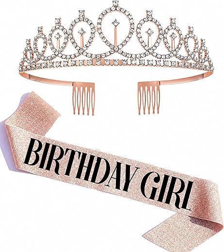 Decor Propz Rose gold Birthday Girl Sash and Tiara Crown Set, Birthday Girl Accessories & Decoration