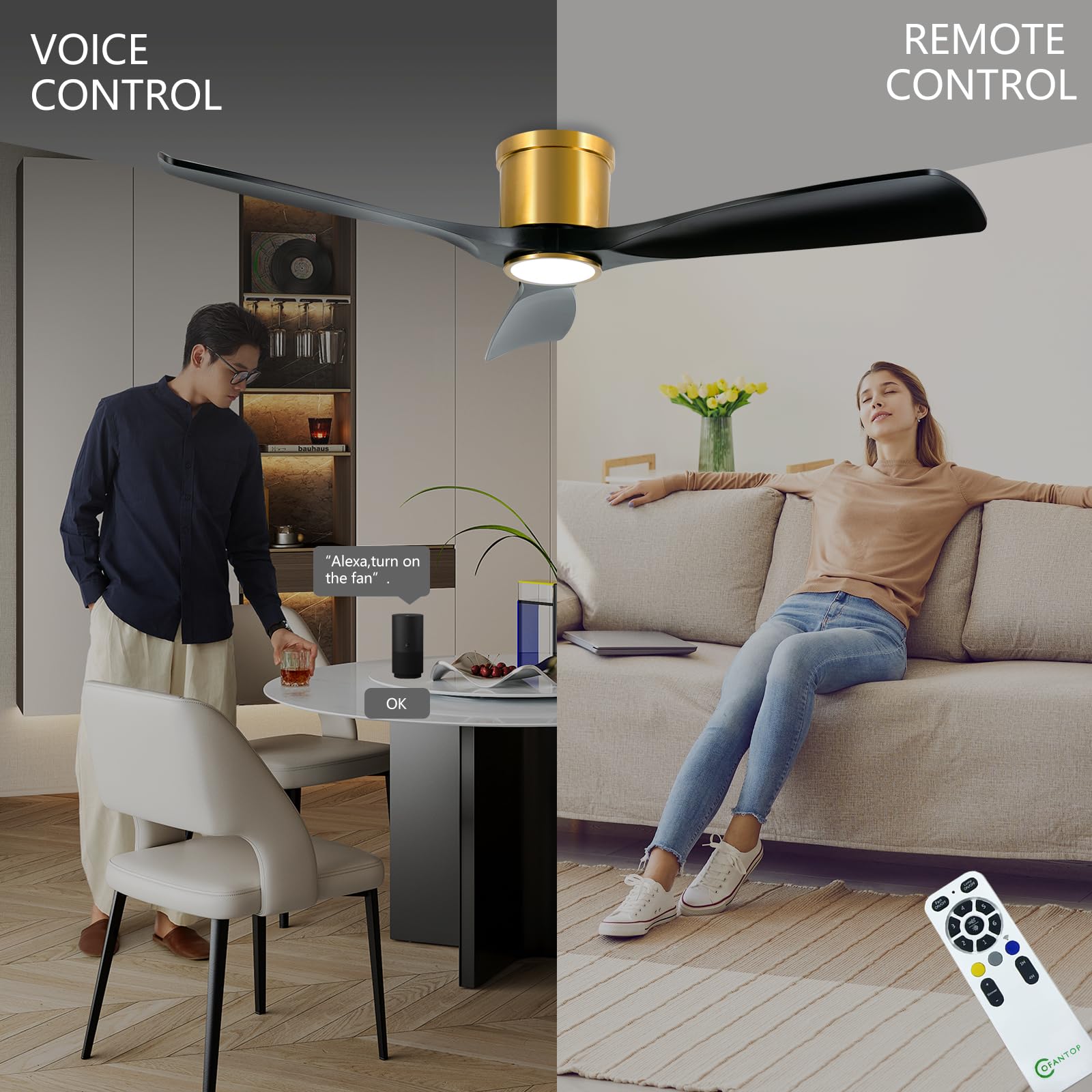 OFANTOP 132 cm Schwarz und Gold Flächenbündiger Deckenventilator | mit Beleuchtung dimmbarem LED 24W Leiser DC-Motor, Fernbedienung mit Memory-Funktion, Timer