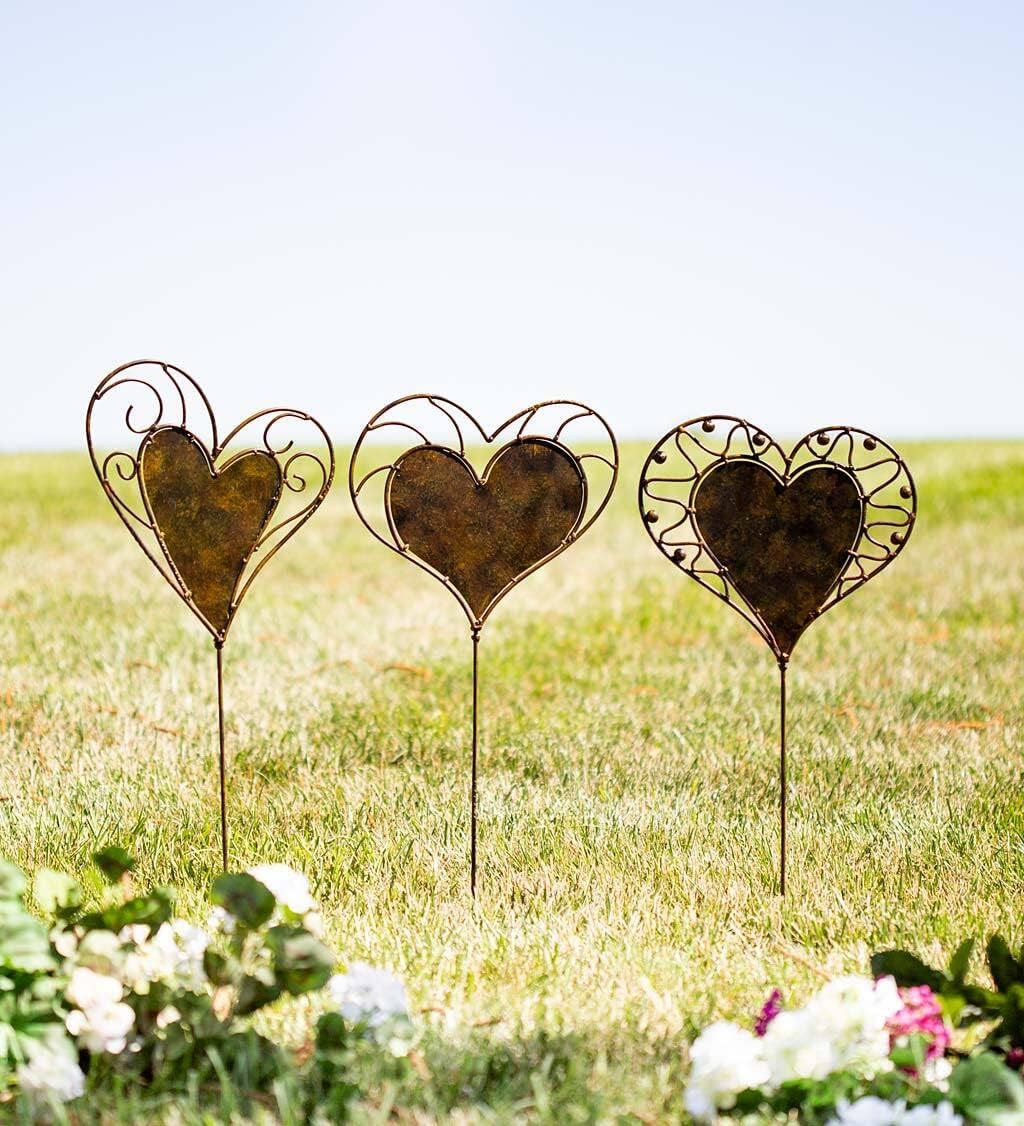 Wind & Weather Set of Three 12-Inch Wide by 27.5-Inch High Elegant Heart-Shaped Garden Stakes Handcrafted from New and Reclaimed Metal by Balinese Artisans in Three Different Designs
