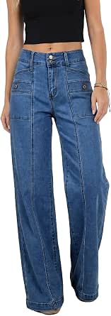 Women's Wide Leg High Waisted Jeans with Double Buttons and Big Pockets
