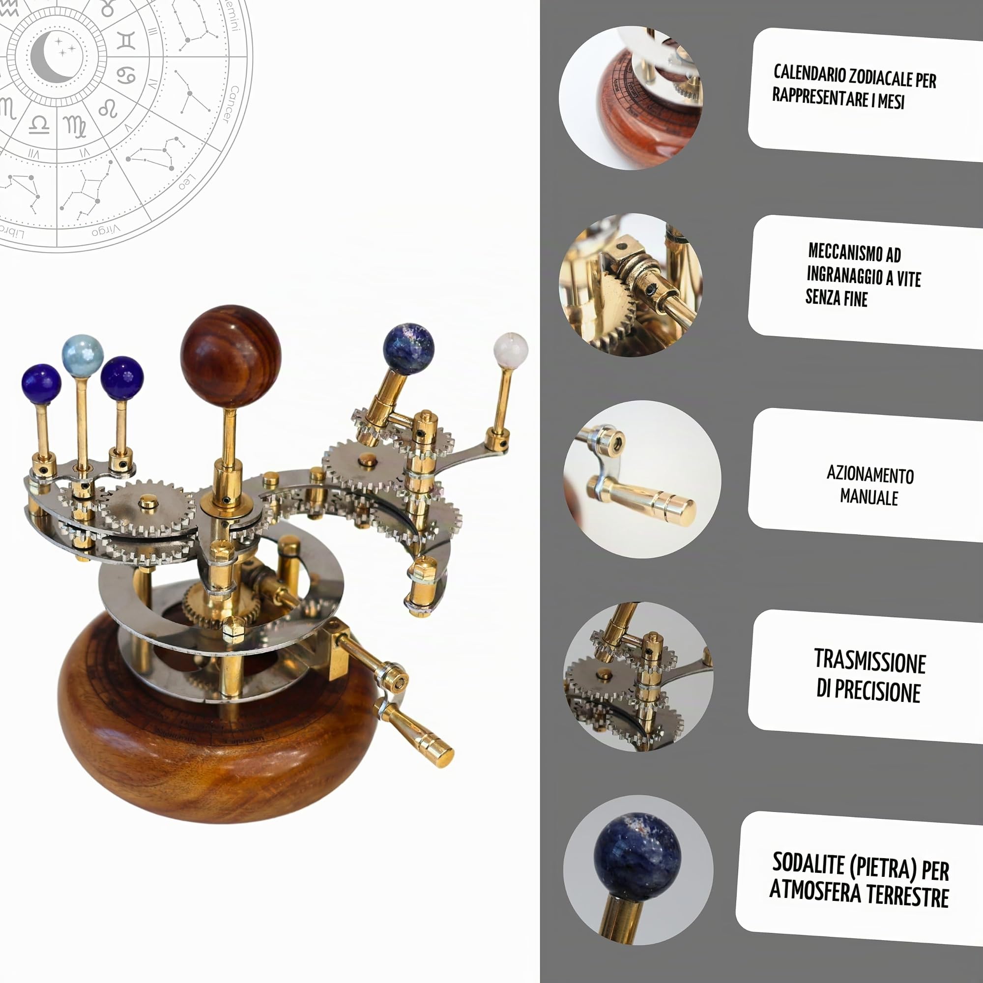 Modello del sistema solare | Orrery di astronomia educativa e decorativa | Planetario meccanico in ottone di alta qualità (8 pollici Terra, Marte e Lune)
