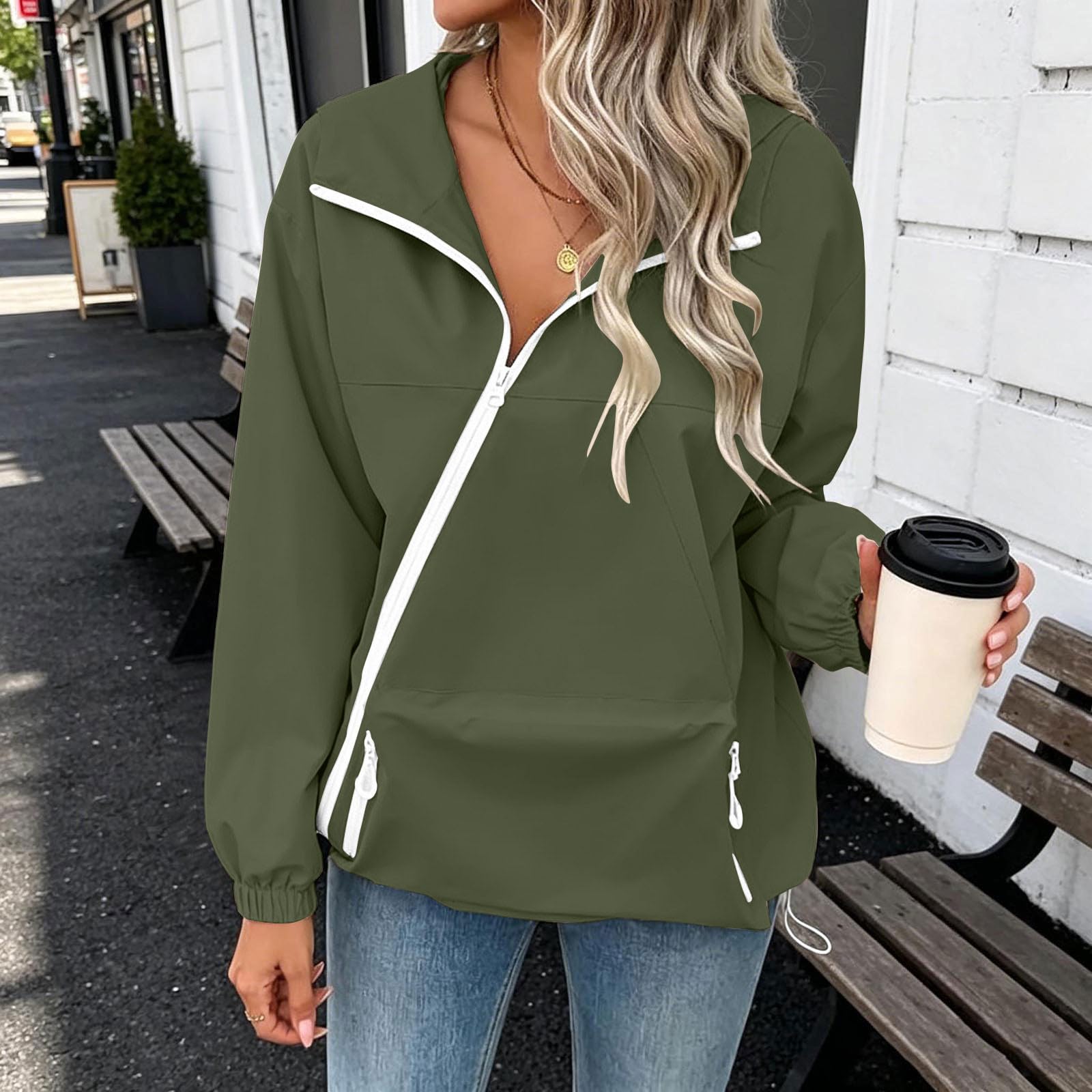 Veste Imperméable Femme Zippé Coupe Vent Avec Capuche Ciré Veste À Capuche Légère Manteaux Fine Décontracté Ample Parka Imperméable Avec Poches Pour Randonnée Camping Cyclisme
