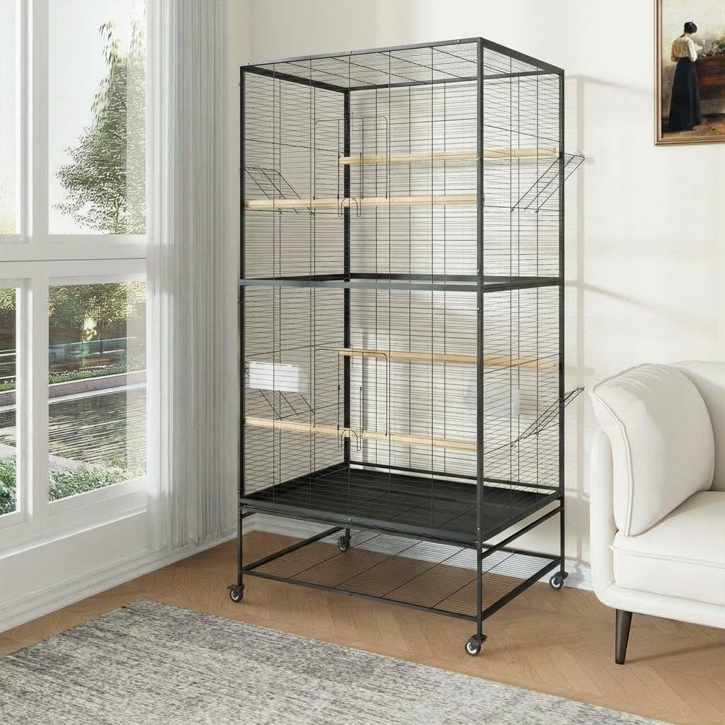 52 Inch Large Bird Cage with Rolling Stand, Birdcages with Wooden Perches, Parrot Flight Cage Big Birdcages Medium Cockatiels Parrots Canaries Budgies, Bird Cage for Parakeets Cockatiel
