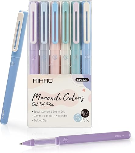 AIHAO Bolígrafo de gel, punta fina de tinta negra, 0.020 in, escritura suave con barril multicolor para diario, tomar notas, escuela, oficina, 6