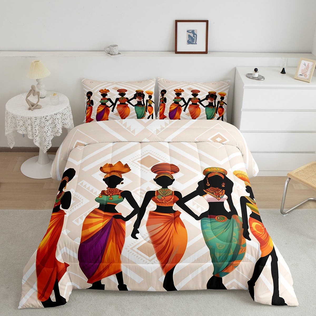 Feelyou African Woman Themed Bedding Set African Pattern Comforter Set for Adults Ethnic Afro Decor Comforter Ultra Soft Traditional Exotic Style
