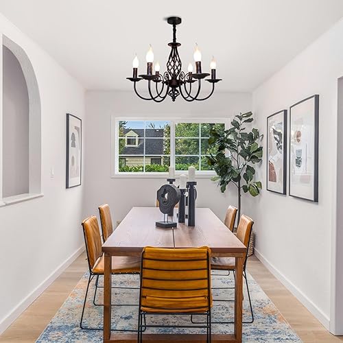 Miniatura 20 de Jaycomey Candelabro de vela de granja para comedor, 6 luces rústicas industriales, lámpara colgante de techo, lámpara colgante negra vintage