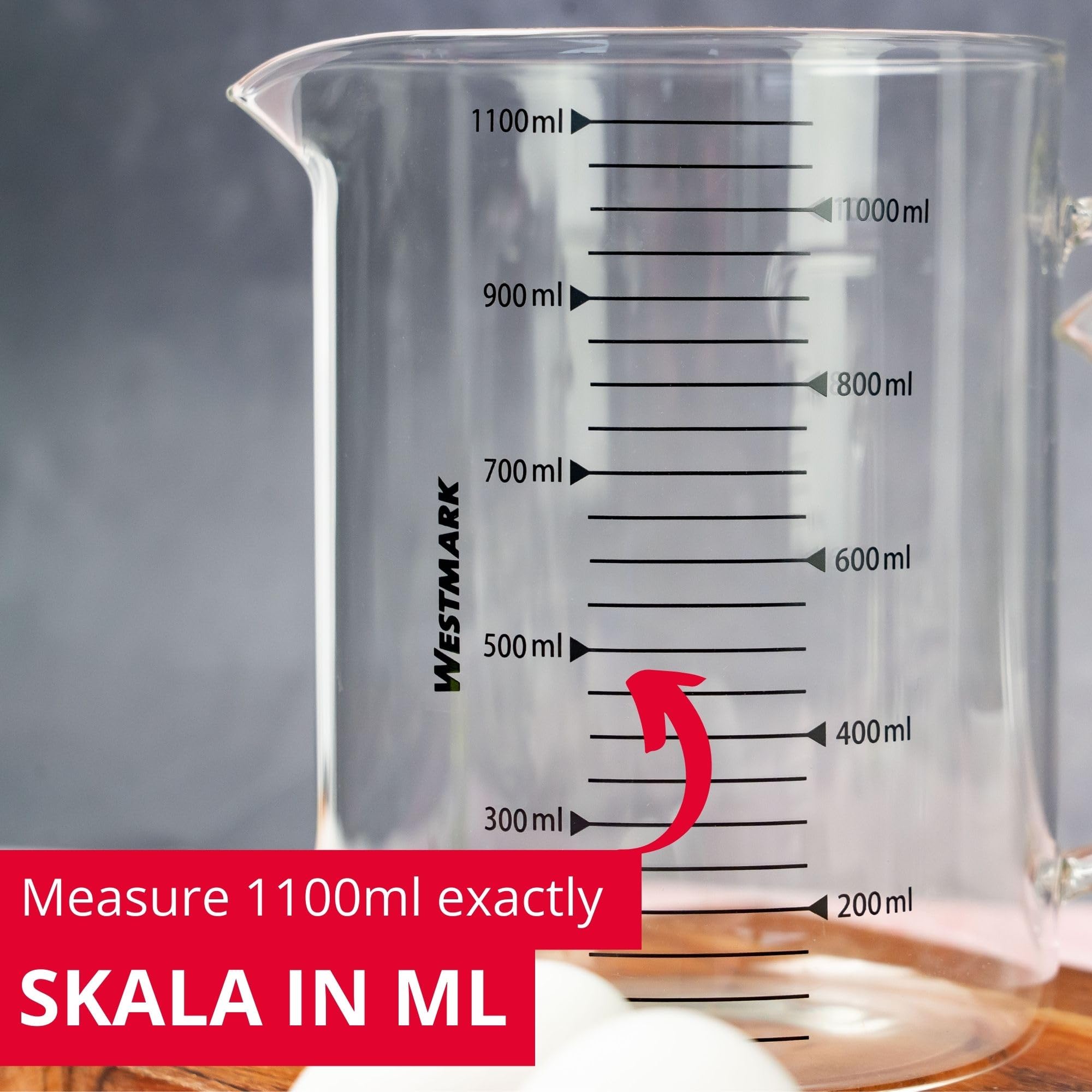 Westmark Szklany Dzbanek Mierniczy, Optymalny do Odważania Składników do Pieczenia i Gotowania, Bezpieczny w Mikrofali, Odporny na Temperaturę, Optymalna Rączka, 1.1 Litra
