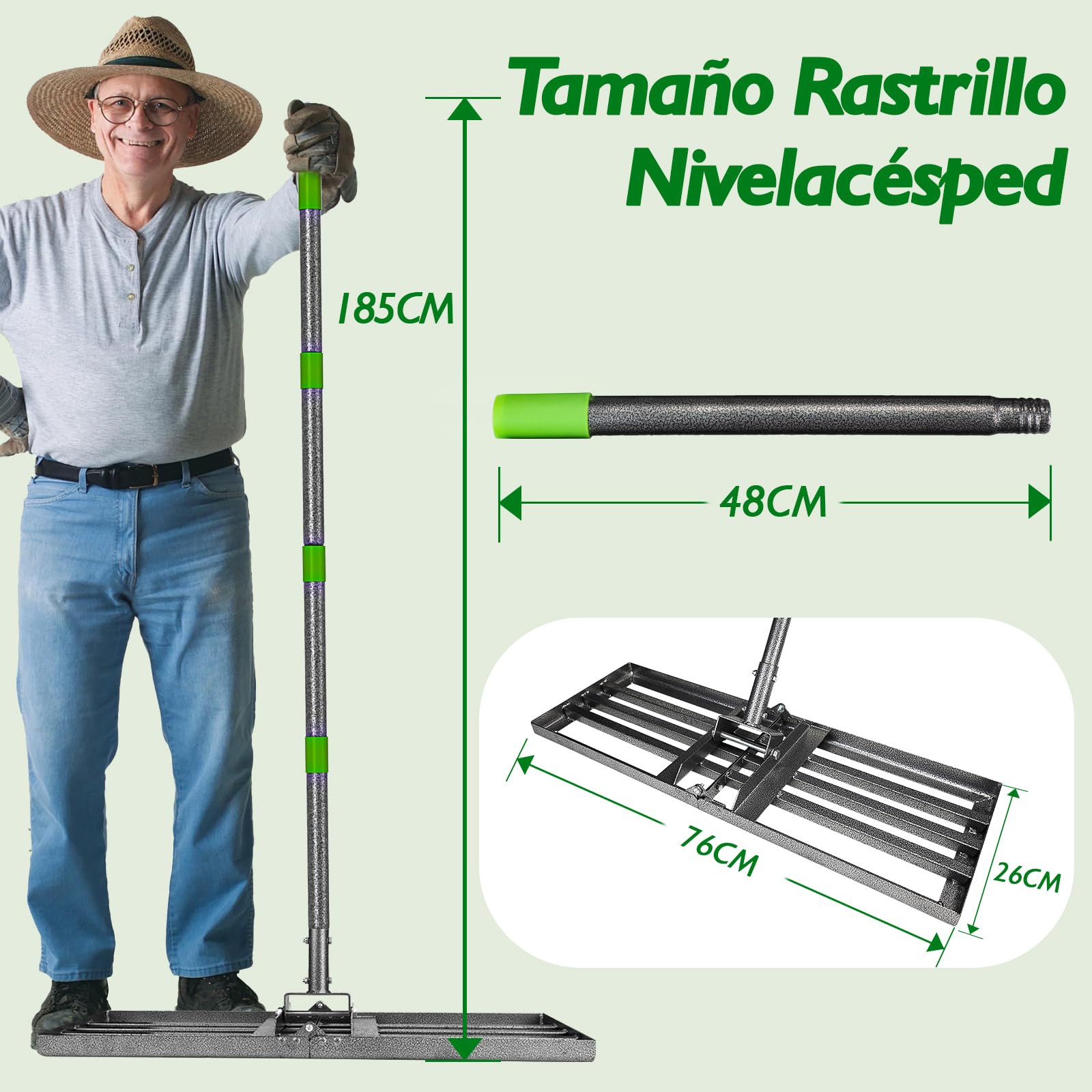 Rastrillo Nivelador de Césped 76x25 cm | Mango Ajustable de 185 cm | Rastrillo de Nivelación Pesado y Resistente | Para Nivelar Tierra, Arena y Césped | Ideal para Jardín, Césped y Campo de Golf