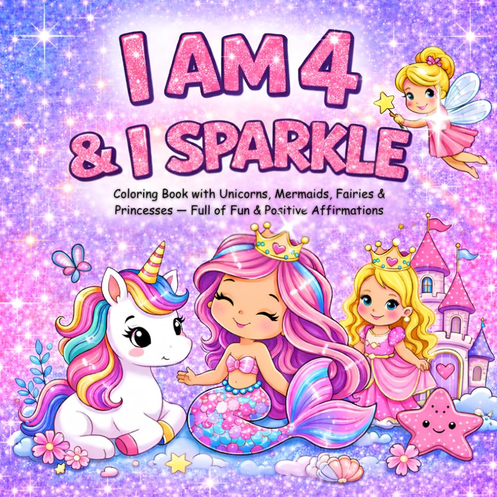 I am 4 and I Sparkle : Coloring Book With Unicorns , Mermaids , Fairies & Princesses Full of Fun & Positive Affirmations: Christmas Valentine Easter Birthday Gifts for Four Year Old Girl
