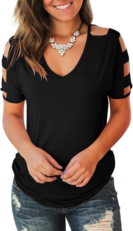 Jescakoo Women's Short Sleeve Cut Out Cold Shoulder Tops Deep V Neck T Shirts, 00a V Neck-black, S: Buy Online at Best Price in UAE