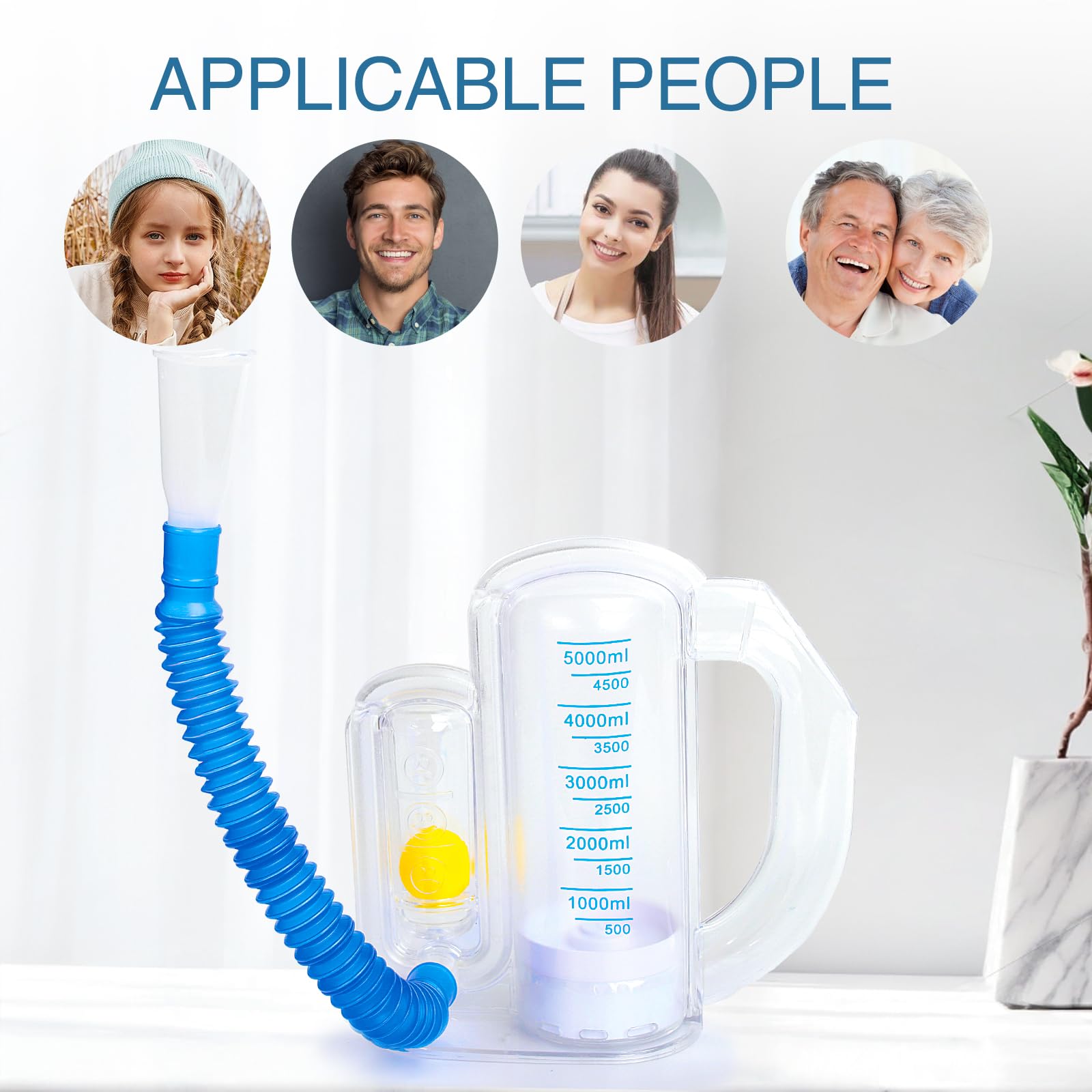 Spiromètre d'incitation pour adultes - Appareil d'exercice respiratoire pour les poumons - Entraîneur de respiration profonde pour enfants et adultes - Capacité de 5000 ml avec indicateur de débit