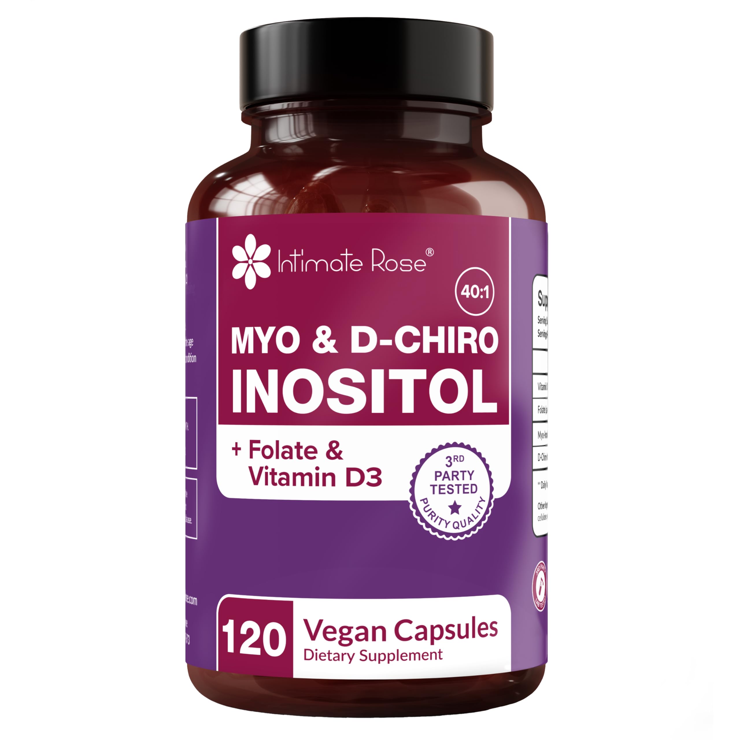 Intimate Rose Suplemento de Inositol 40:1 com Folato e Vitamina D, 2.000 mg + 50 mg, 120 cápsulas