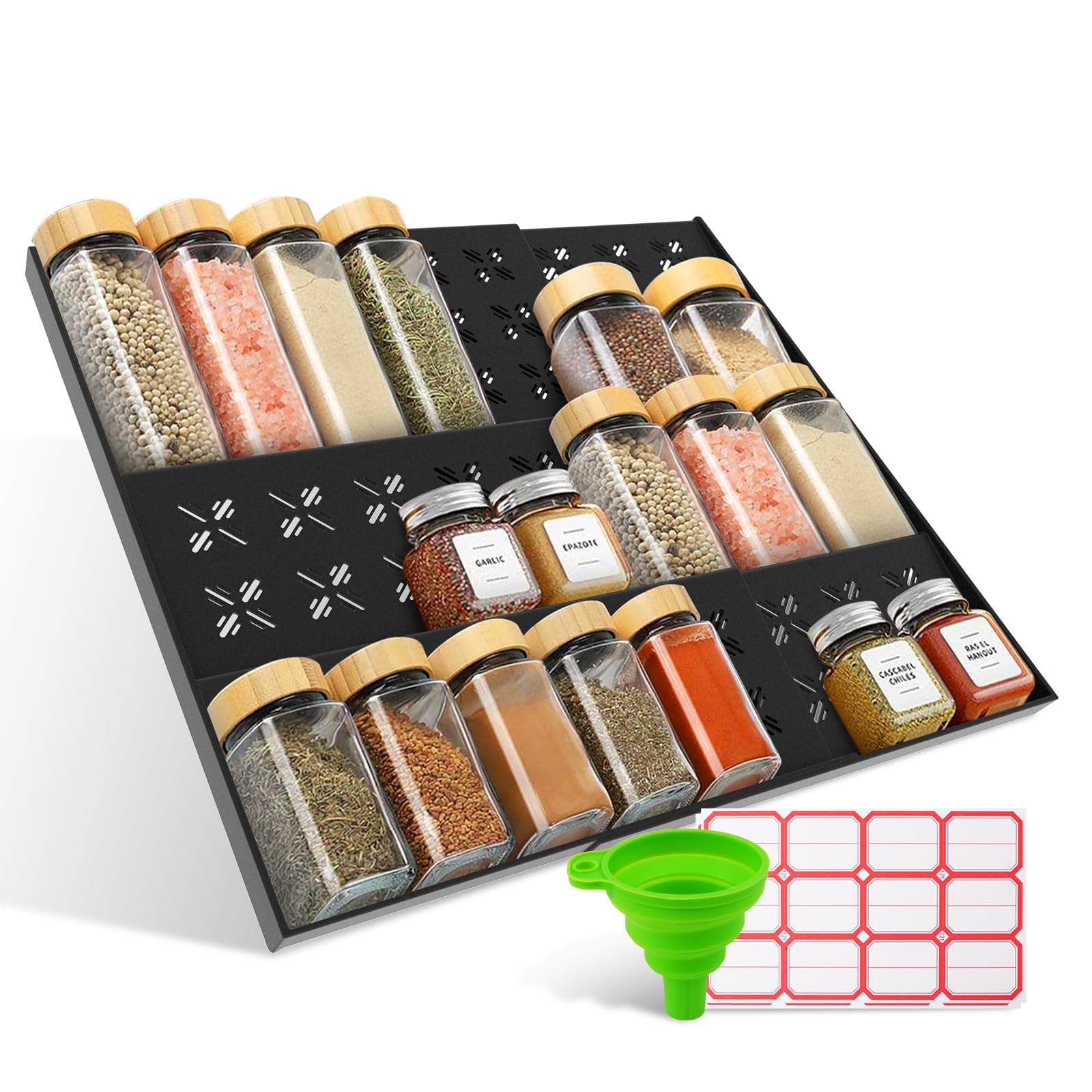 Adjustable 3-Tier Drawer Spice Organizer – Thick Plastic, Non-Slip, Fits 11"-22" Kitchen Drawers, Includes Labels & Funnel (No Jars)