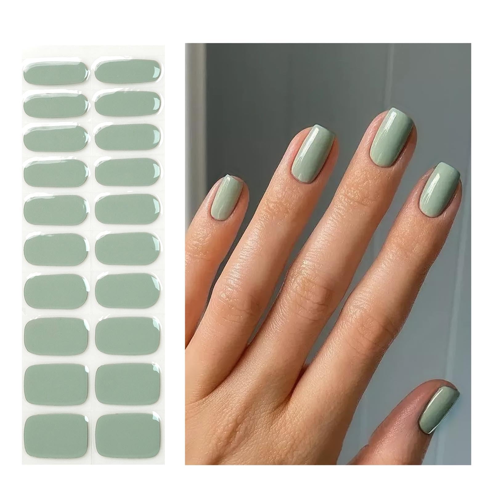 Semi Cured Gel Nail Strips | 20 Gel Nail Stickers | UV Light Required | Salon Quality, Easy Application and Removal (Bean Paste Green)