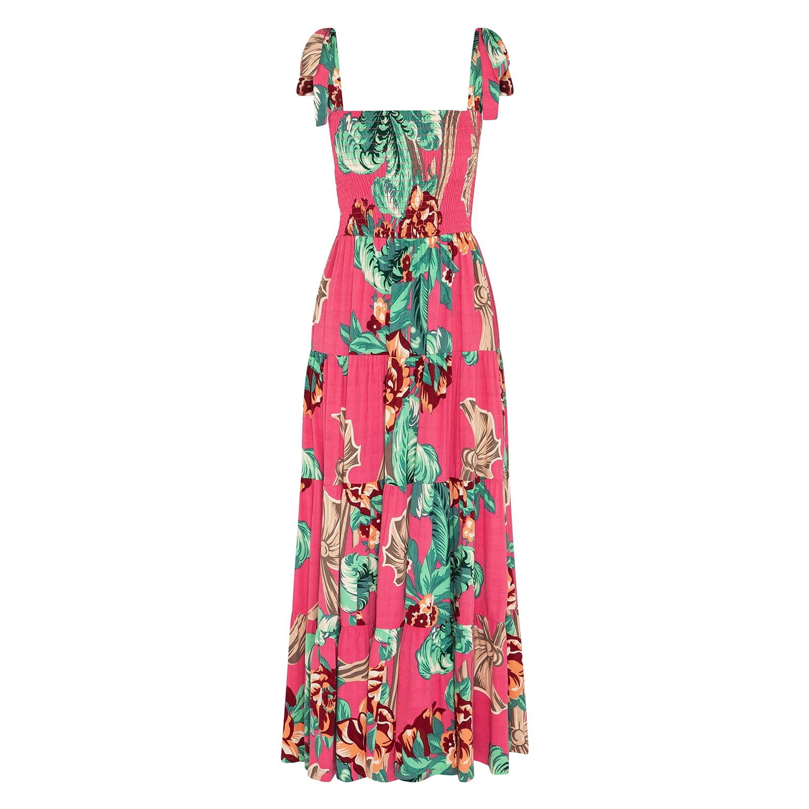 kinstell Women's Summer Boho Spaghetti Strap Square Neck Ruffle Casual Flowy Long Dress Beach Swing Party Maxi Dress