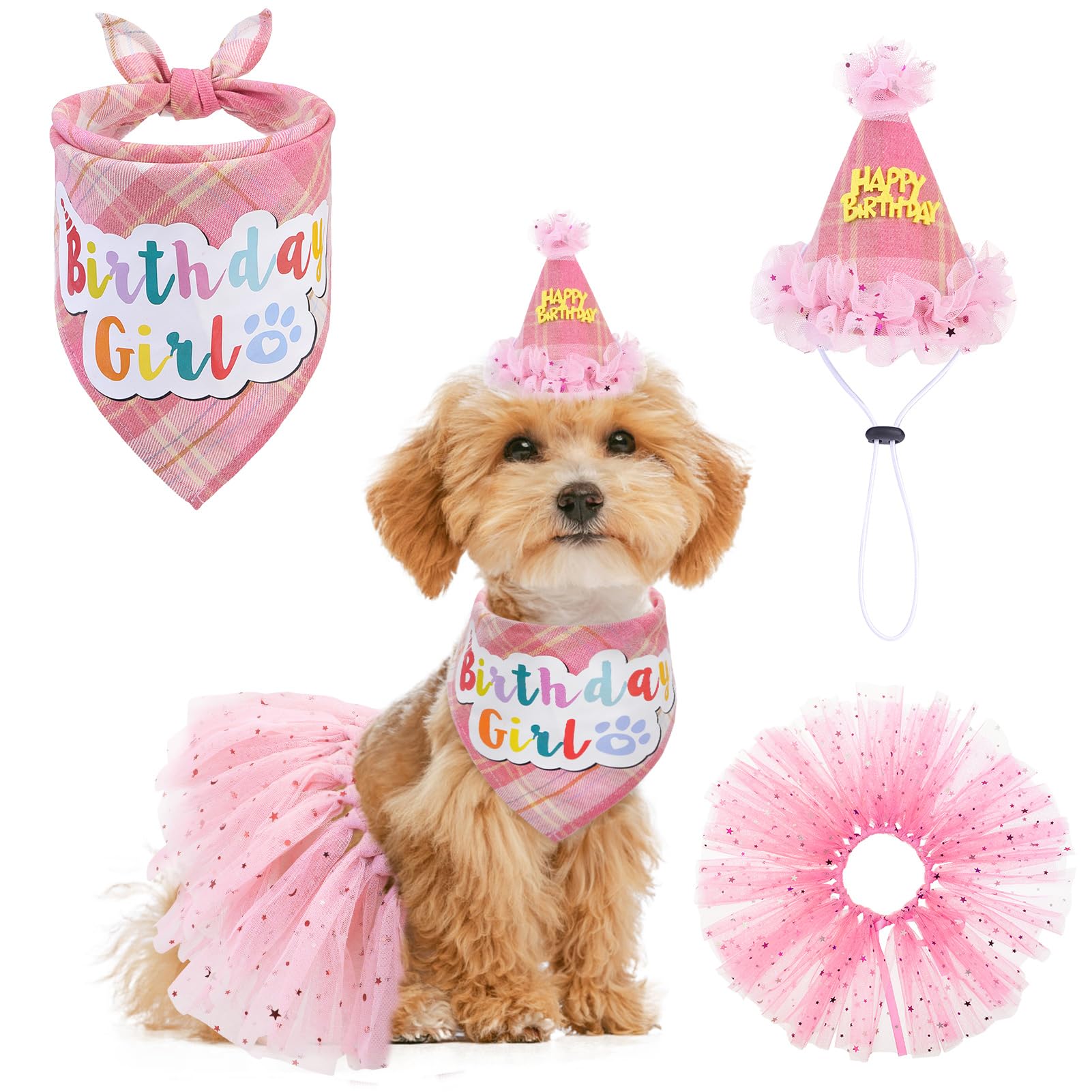 SCENEREAL Dog Birthday Bandana Hat with Dress Girl Set Party Supplies Plaid Puppy Birthday Outfit Cute Dog Tutus for Small Medium Lage Dogs, Pink