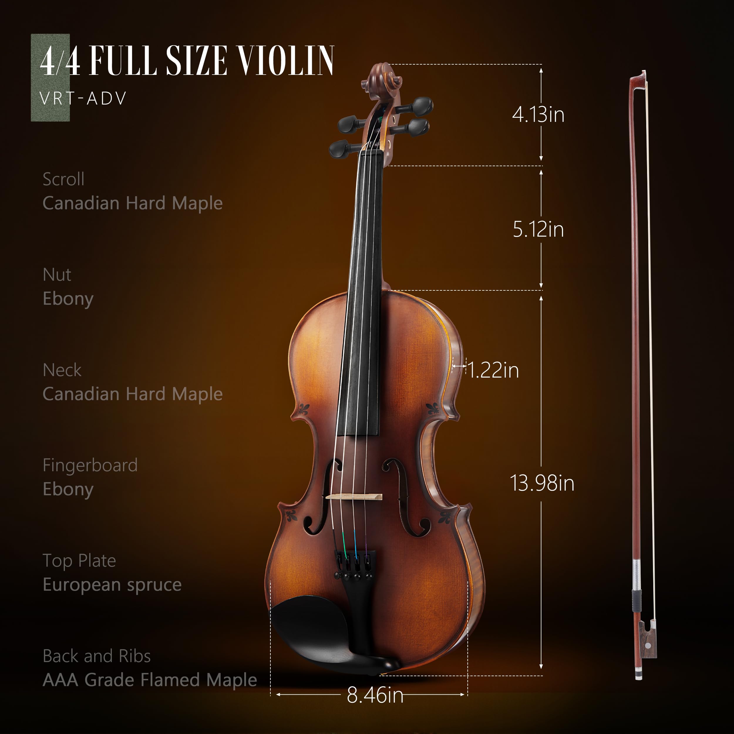 AKLOT Violino in acero fiammato artigianale: violino a grandezza naturale, kit di violino acustico avanzato con archetto in ebano, spalliera in legno massello, libro delle lezioni, custodia rigida