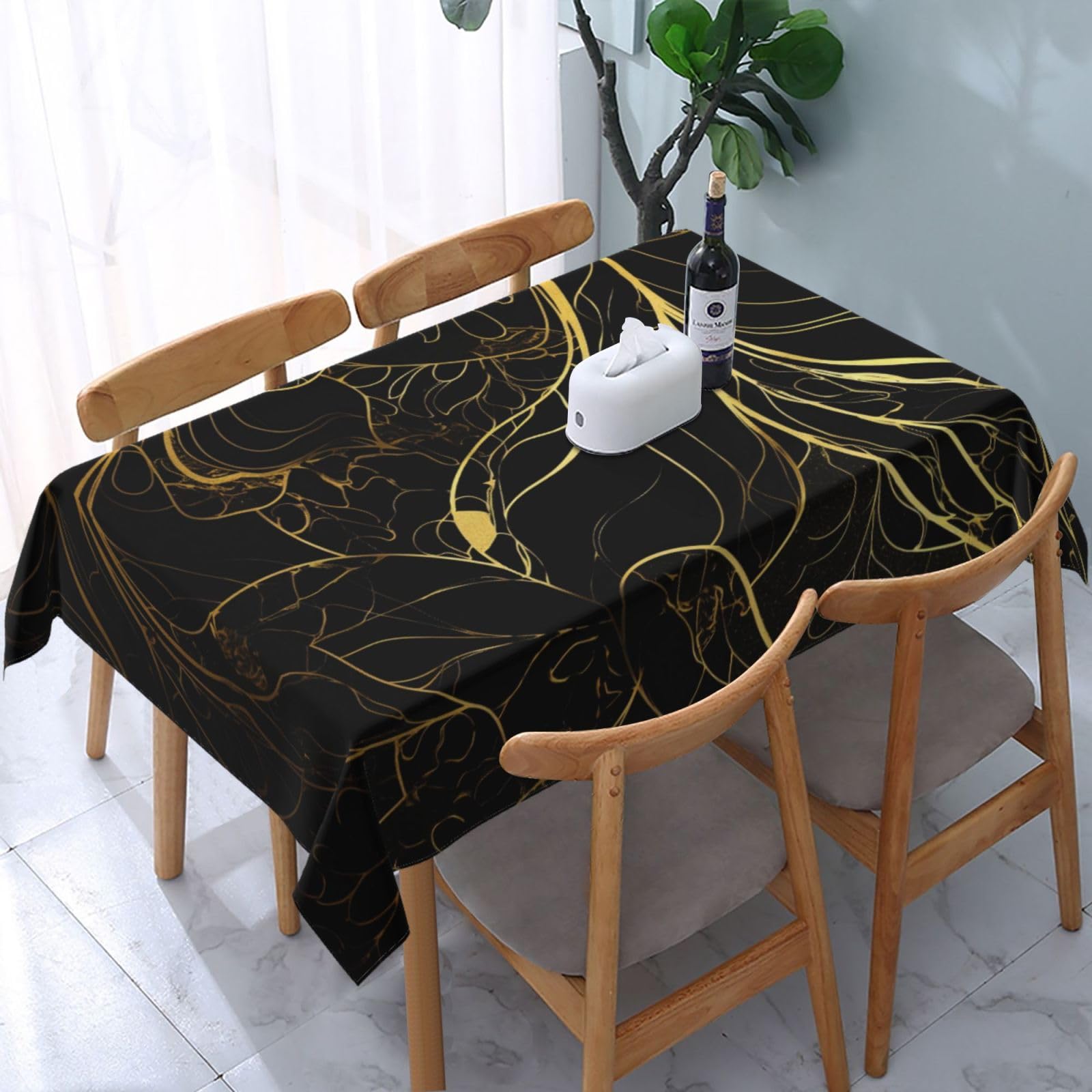WPKJU Black and Gold Background Printed Tablecloth Water Resistant Table Cover Washable Rectangle Table Cloth for Tables 54x72 in