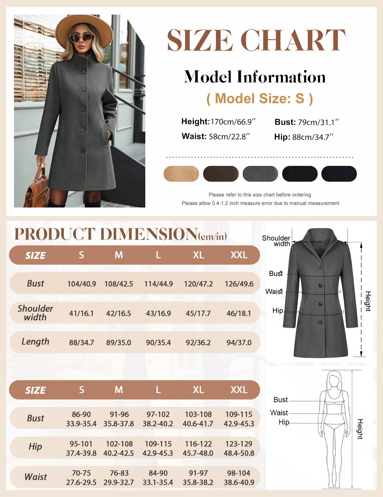 Mantel Damen Wintermantel Lang Winterjacke Klassischem Wintercoat Revers Übergangsjacke Knielang Trenchcoat Elegant Jacke Herbst Winter Outwear mit Knopf