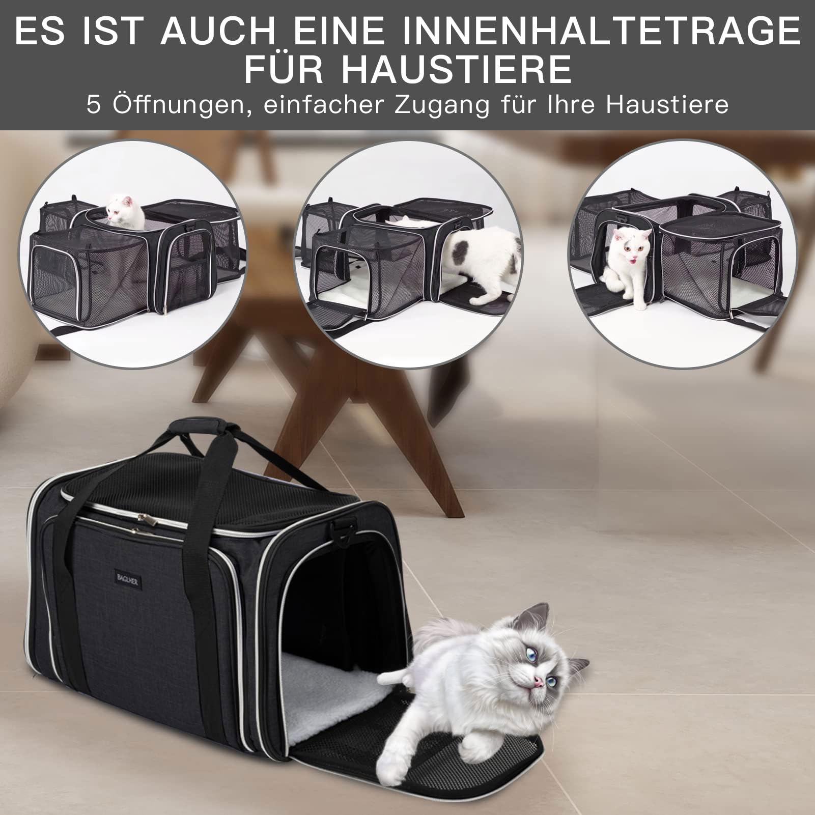 BAGLHER Trasportino per gatti, approvato dalle compagnie aeree, trasportino morbido laterale per animali domestici, da viaggio, 5 lati, porte aperte, 3 lati, espandibile, pieghevole, con imbottitura
