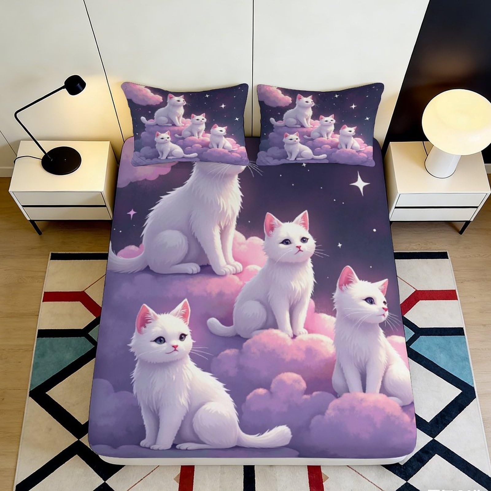 Jqzkxnhpbr Style-1 3D Printed Dreamy White Cat Fitted Sheet Microfiber Soft Decorative Purple Clouds Bed Cover For Bedroom Dorm 90X200x25cm