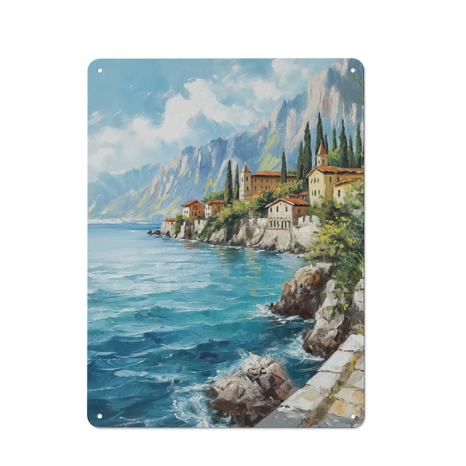 Junmoney Style-9 Vintage Vintage Metal Sign 40X30cm Featuring Coastal Village Painting, Restaurant Wall Art For Takeaway, Bar, Kitchen Or Counter Area