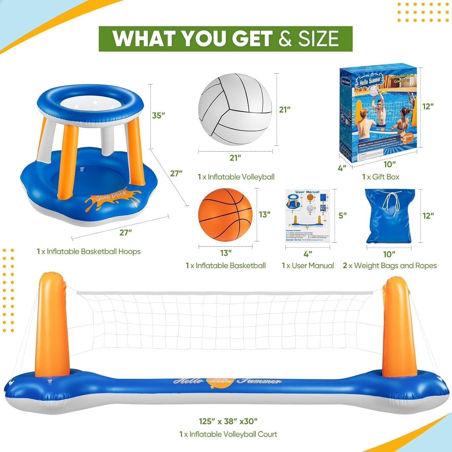 Juego de voleibol de piscina y aro de baloncesto, red de voleibol de piscina más grande de 125 pulgadas para enterrar, incluye 2 bolas y 2 bolsas de peso, juego de juguetes de piscina para